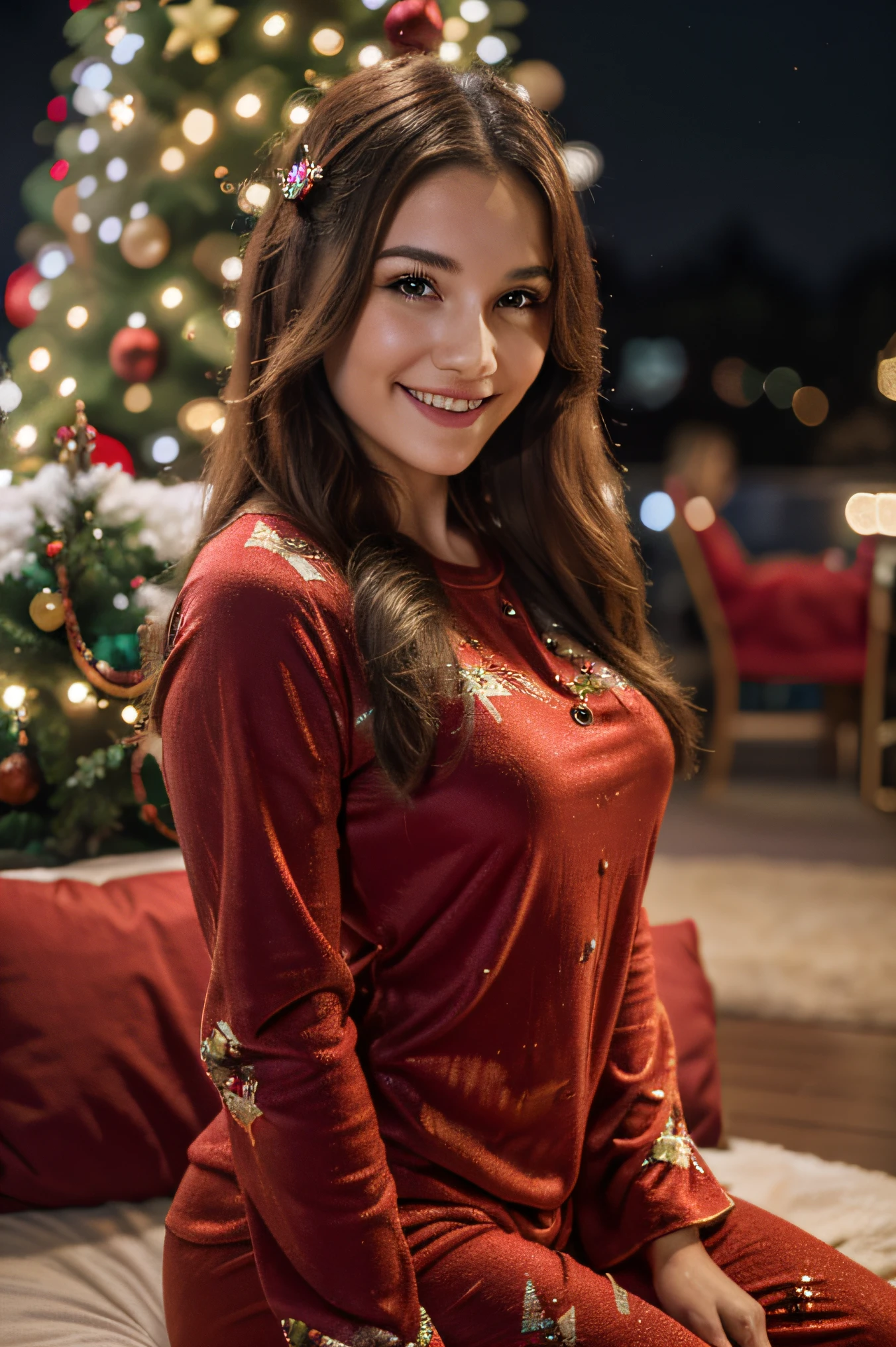 best quality,ultra-detailed,portrait,realistic,highres(1.2),vivid colors,bokeh,young woman,20s,happy,smiling,Christmas Day,Christmas tree,festive red pajamas,long sleeves from a further perspective Somehow from 20 meters from the camera