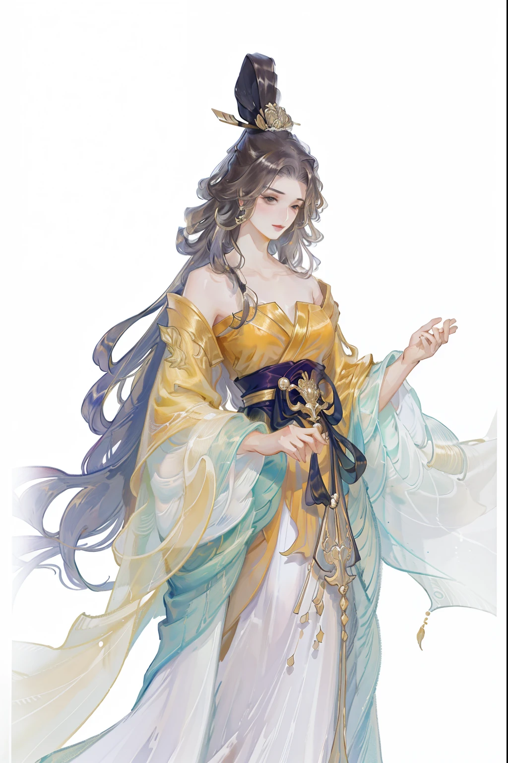 (((tmasterpiece, Best quality, 超高分辨率, CG unified 8K wallpaper, Best quality at best, ultra - detailed, ultra HD picture quality))), 1 girl, cabelos preto e longos, game fairy, Golden clothes, Hanfu, yarn, flowing gauze, Nice face, beautidful eyes, Beautiful hairstyle, Beautiful costumes, Structurally sound
