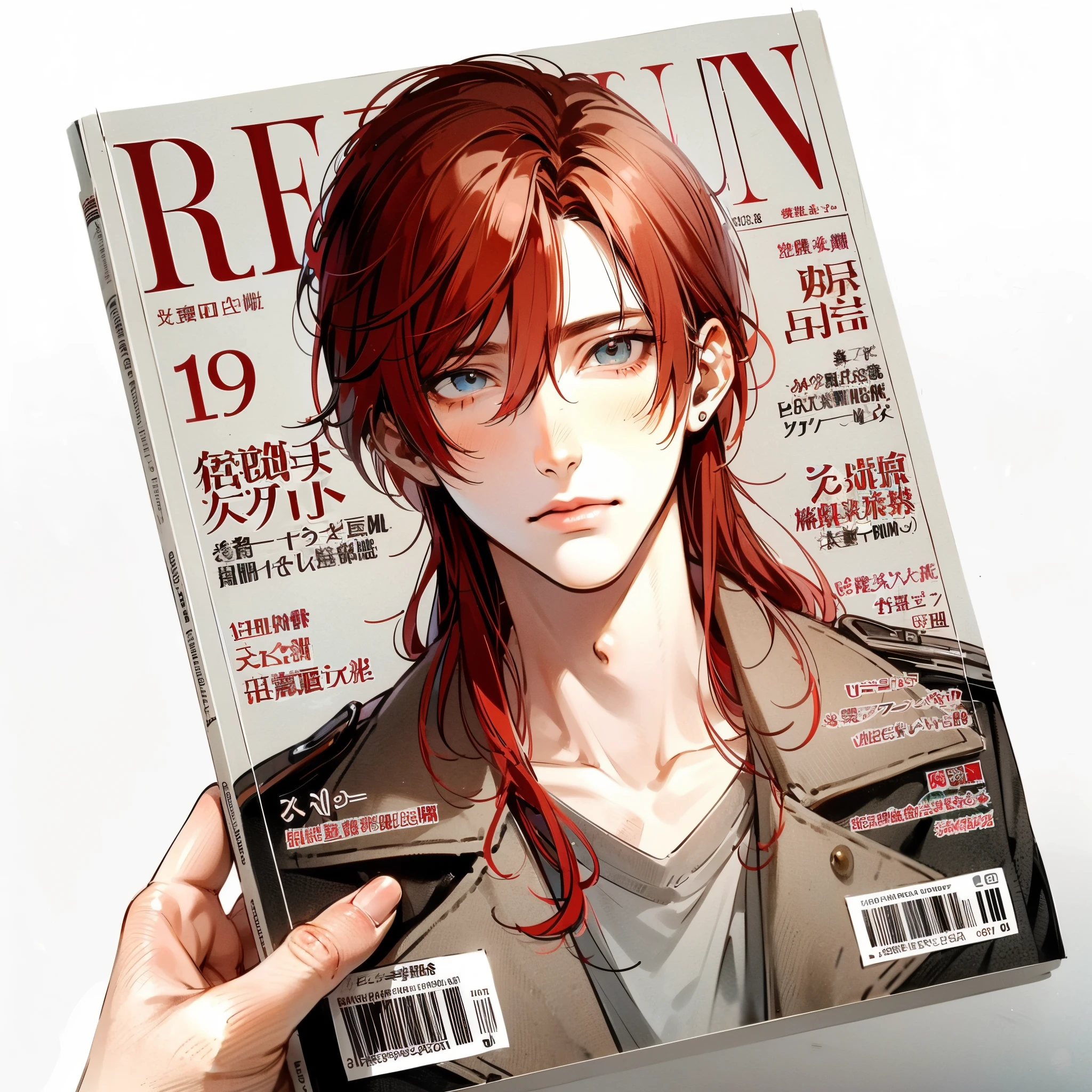 Fashion magazine cover, age19, Handsome young man, Red-kun, long redhead, length that exceeds the shoulders, gray narrow eyes, stylish pose, focus on facial expressions and posture, High quality, pixiv style, Dense and delicate line drawing, Soft and muted colors, magazine title, headline, bar code.