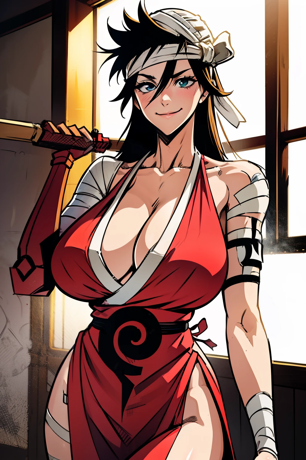 (kukaku Shiba), gigantic breasts, masterpiece, 4k, detailed, sketch marks, cinematic masterpiece, cowboy shot, solo, 1girl, shiba kuukaku, (prosthesis, prosthetic arm:1.1), smile, closed mouth, looking at viewer, red dress, bandages, cleavage