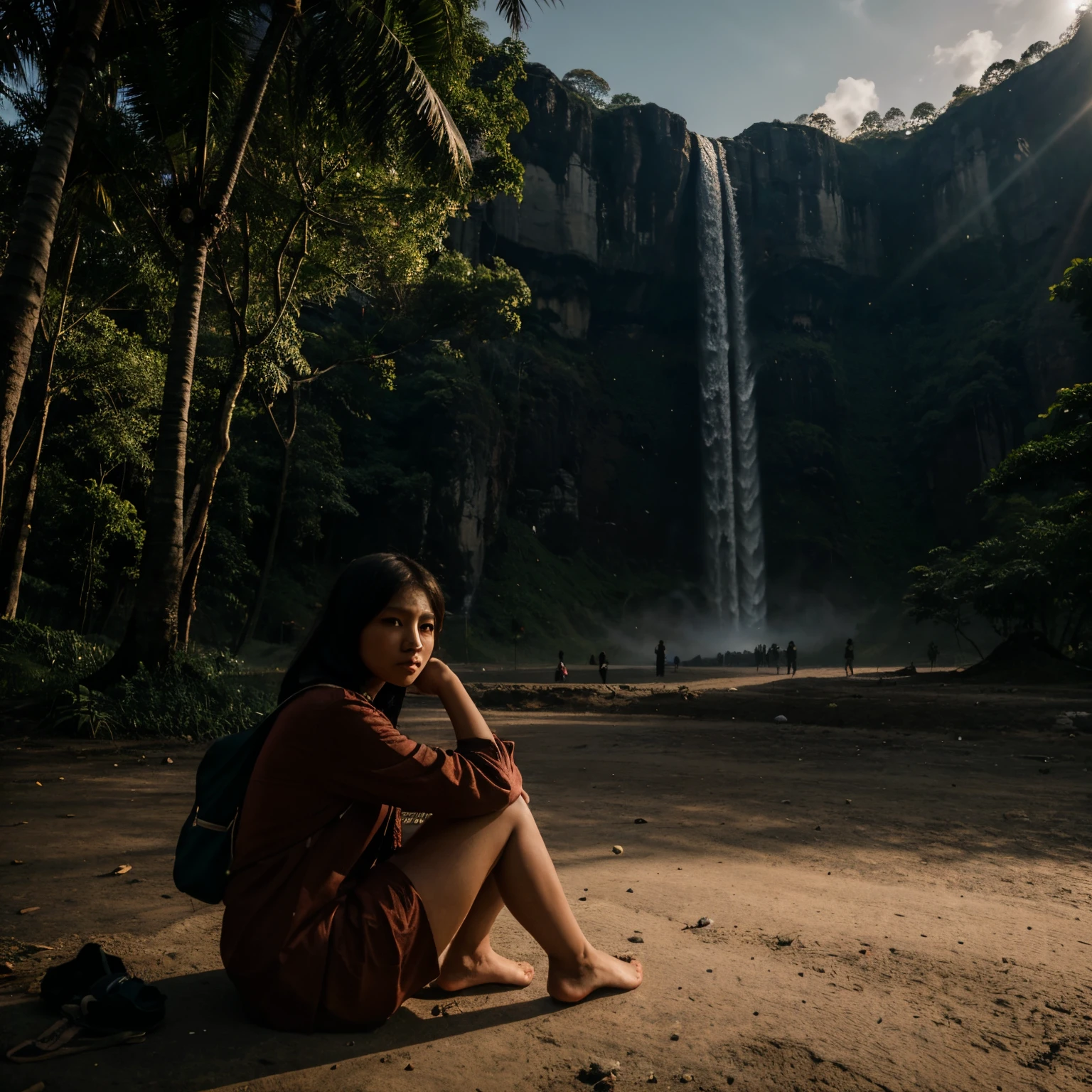seorang gadis indonesia dengan memakai gaun malam, full body, duduk bangku taman, pinggir jalan, wajah menghadap penonton, gedung, mobil, suasana pagi hari dan cerah, awan biru, siluet gunung di kejauhan, chiaroscuro meningkatkan kesan detail yang rumit,realistis, beautiful scenery, hd detail 8k