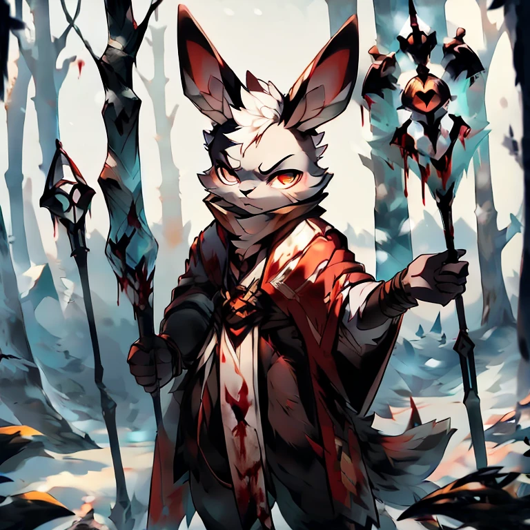 ( male white bunny)  ( white cloak with golden on it ) ( forest cover in snow  )  ( holding a staff) ( covered in blood) ( death glare) (holding a beating heart on the other hand while blood coming down)