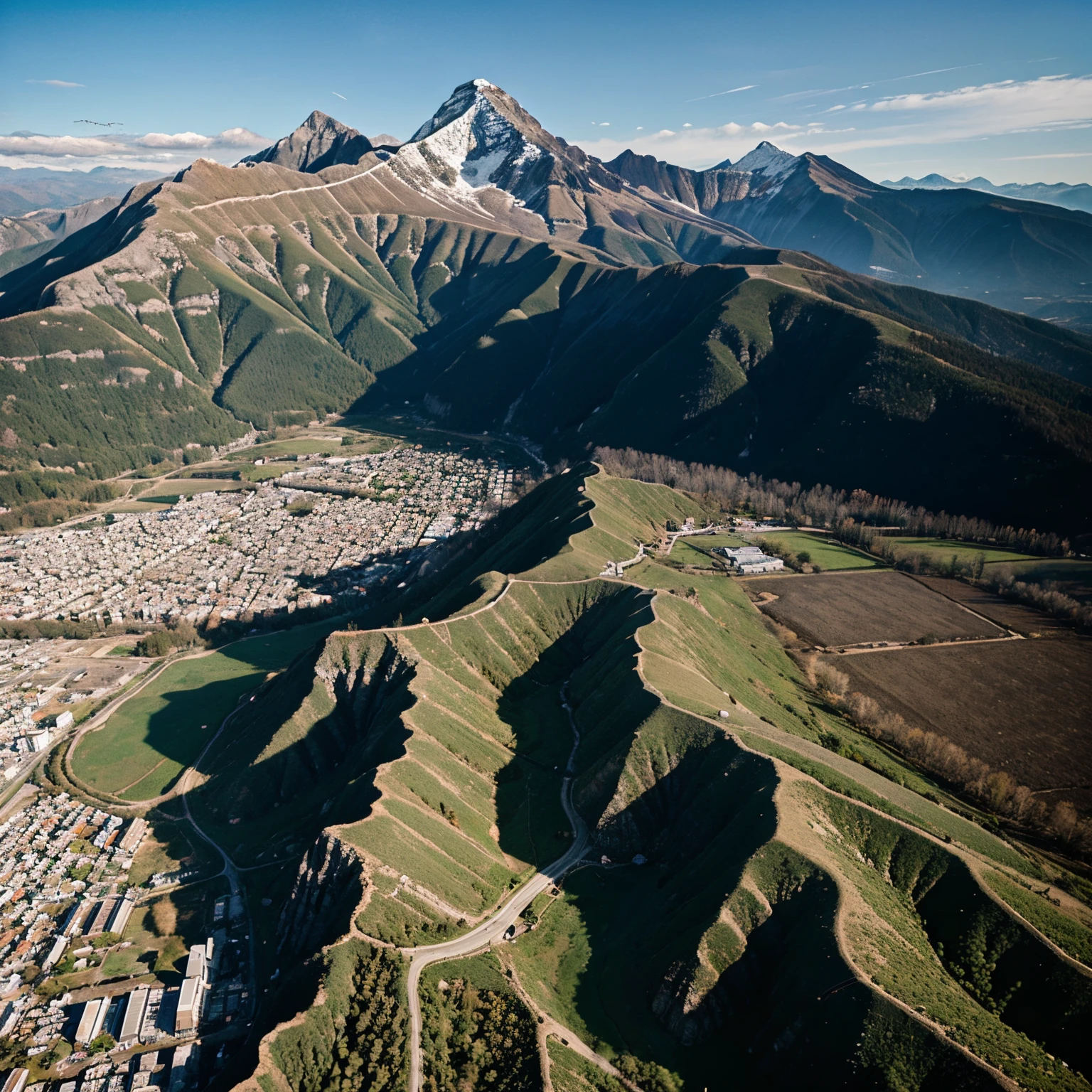 A drone,Fly towards a mountain,Behind the mountain a city。