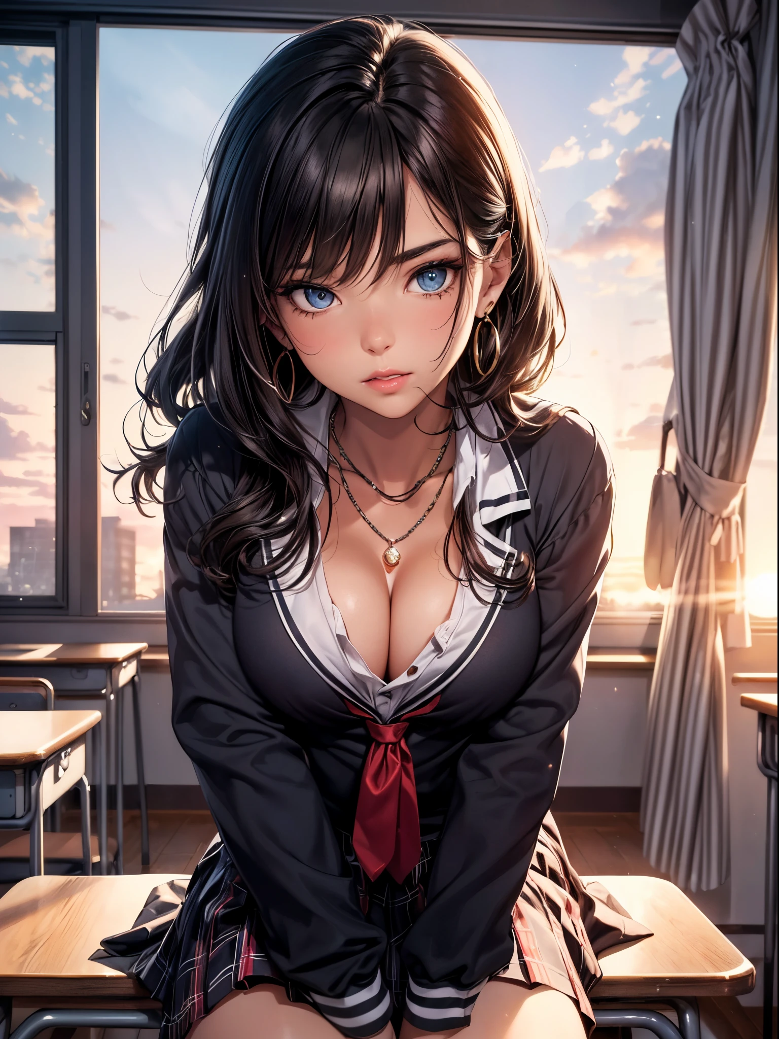 (Masterpiece: 1.3), (Maximum resolution: 1.2), (Ultra HDTV: 1.2), Cinema light, Ultra HDTV, (Detailed eyes and skin), (Detailed facial features), HDR, 8k resolution, Sharp Focus: 1.2, Perfect style, beautiful face, accurate, anatomically correct, highly detailed face and skin texture, detailed eyes, brown eyes, double eyelids, thin eyebrows, glitter eyeliner: 1.2, natural cheeks, glossy skin, fair skin: 1.2, shiny little necklace and earrings, (glossy lips: 1.4), BREAK, ((POV))), (((High school uniform: 1.2)))), ((Look up at me))), (Shy look: 1.2)))), (18 years old, neat girl))))), (ponytail in high position, wavy hair, brown hair, bangs flowing diagonally), medium long hair, scene seen from above, ((Cowboy shot: 1.2)), (focus on face:1.2), (( Very intimate relationships: 1.2)), ((medium large breasts)), (Upturned breasts), (((In the classroom where the setting sun shines: 1.2)), ((Sitting opposite her on the school chair the curtains fluttering in the wind)), ((She lifted her chin:1.2)), (Staring at me)), Highly detailed face and skin texture, Detailed eyes, Double eyelids, Natural cheeks, Blue eyes, shiny little necklace and earrings, shiny lips: 1.4,