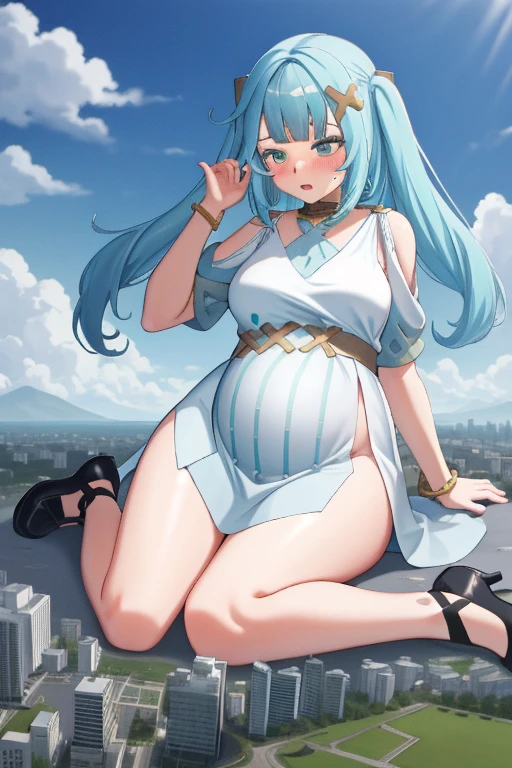 Giant maiden，Moe two-dimensional style，Pregnancy status，Round belly，Gaze at the bustling city, Lying down, Burp, Burping, Loud burp, Really loud burp, Embarrassed, Full body