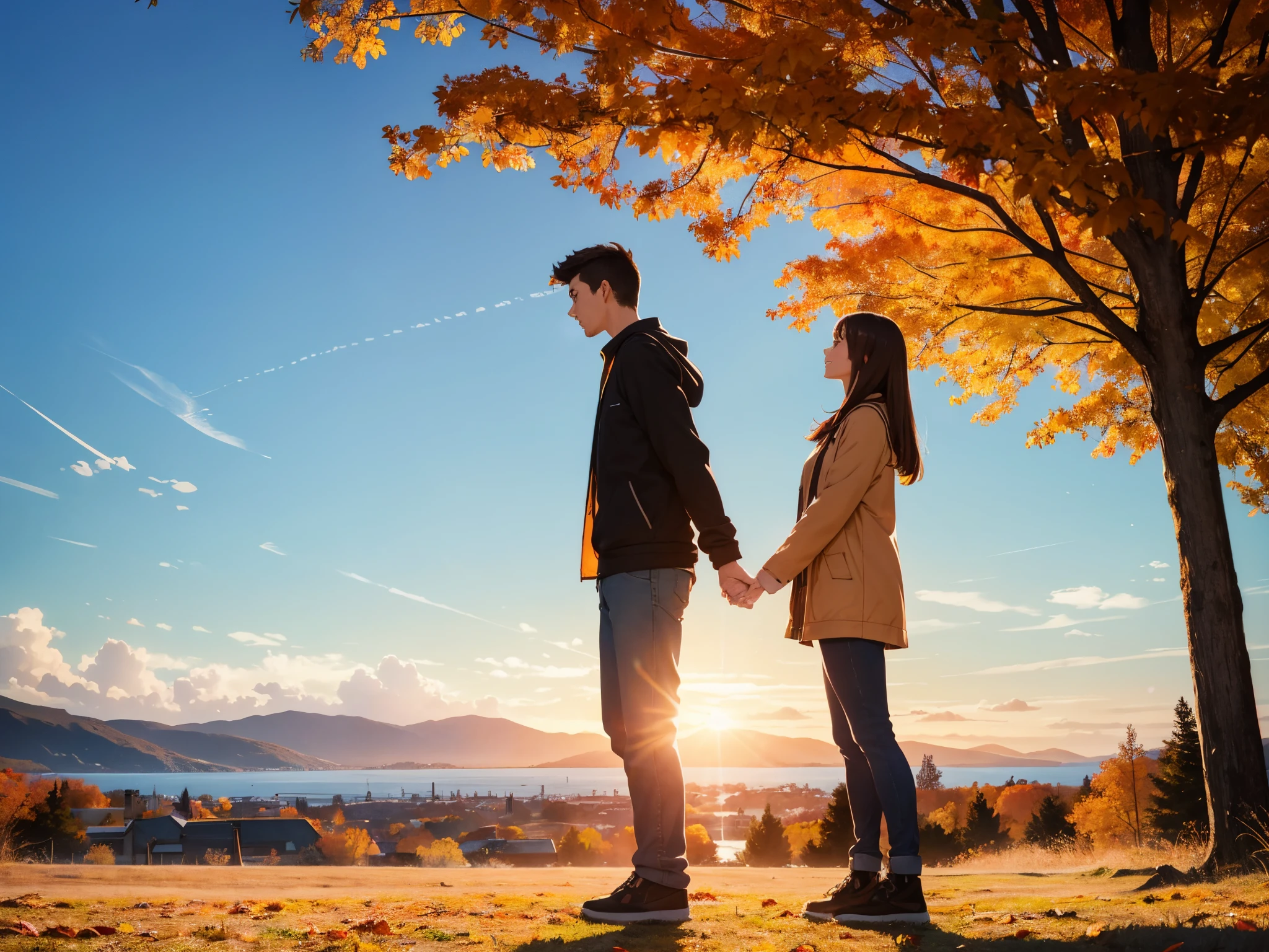 a couple in love, standing at a distance, stretching their arms to each other, a girl and a guy, height difference, beautiful picture, bright colors, warm colors, autumn, autumn landscape