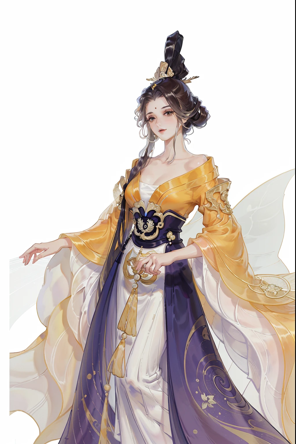 (((tmasterpiece, Best quality at best, 超高分辨率, CG unified 8K wallpaper, Best quality, ultra - detailed, ultra HD picture quality))), 1 girl, cabelos preto e longos, game fairy, Golden clothes, Hanfu, yarn, flowing gauze, Nice face, beautidful eyes, Beautiful hairstyle, Beautiful costumes, Structurally sound