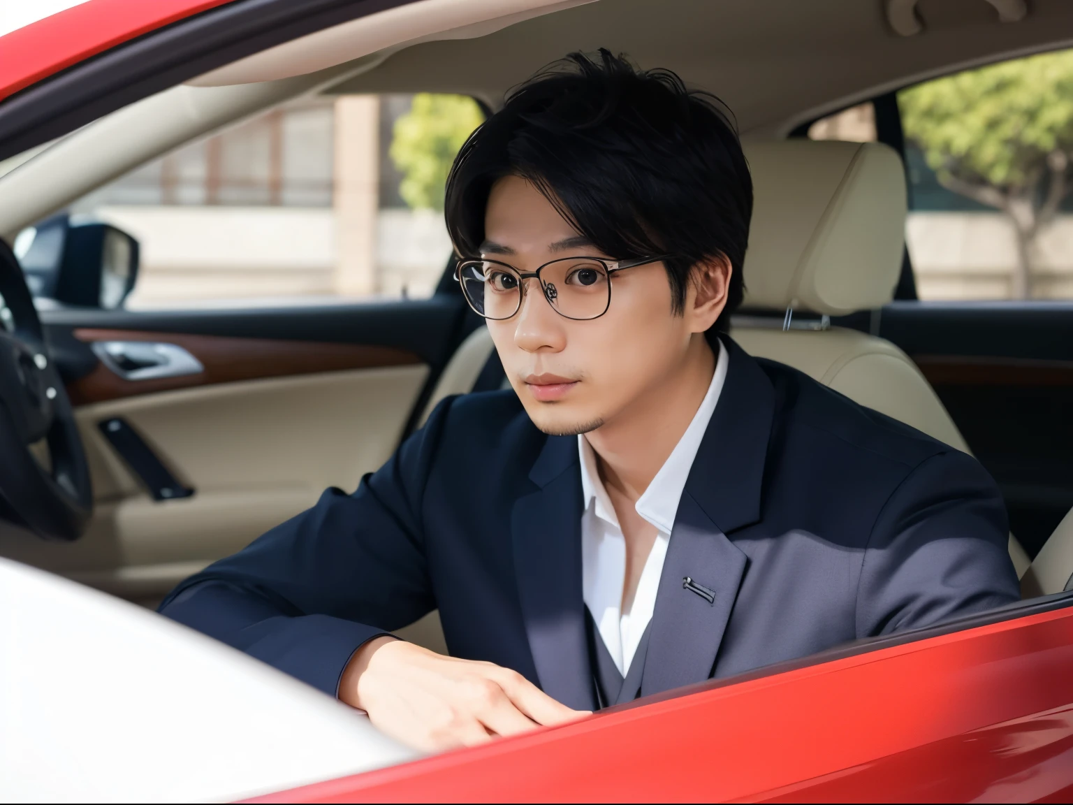 An around 40 year old man wearing glasses sitting in a car, david luong, victor ngai, nivanh chanthara, professional profile photo, Zunpundin, 2 8 years old, 2 7 years old, headshot profile photo, bao pham, john jude palencar, profile image, 2 9 years old、No beard、Wearing a suit