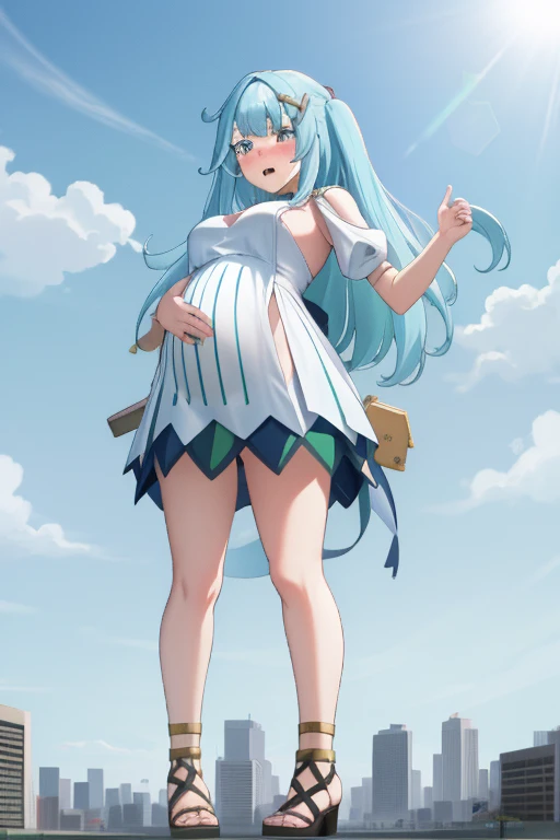 Giant maiden，Moe two-dimensional style，Pregnancy status，Round belly，Gaze at the bustling city, Lying down, Burp, Burping, Loud burp, Really loud burp, Growling belly, Growling stomach, Embarrassed, Full body