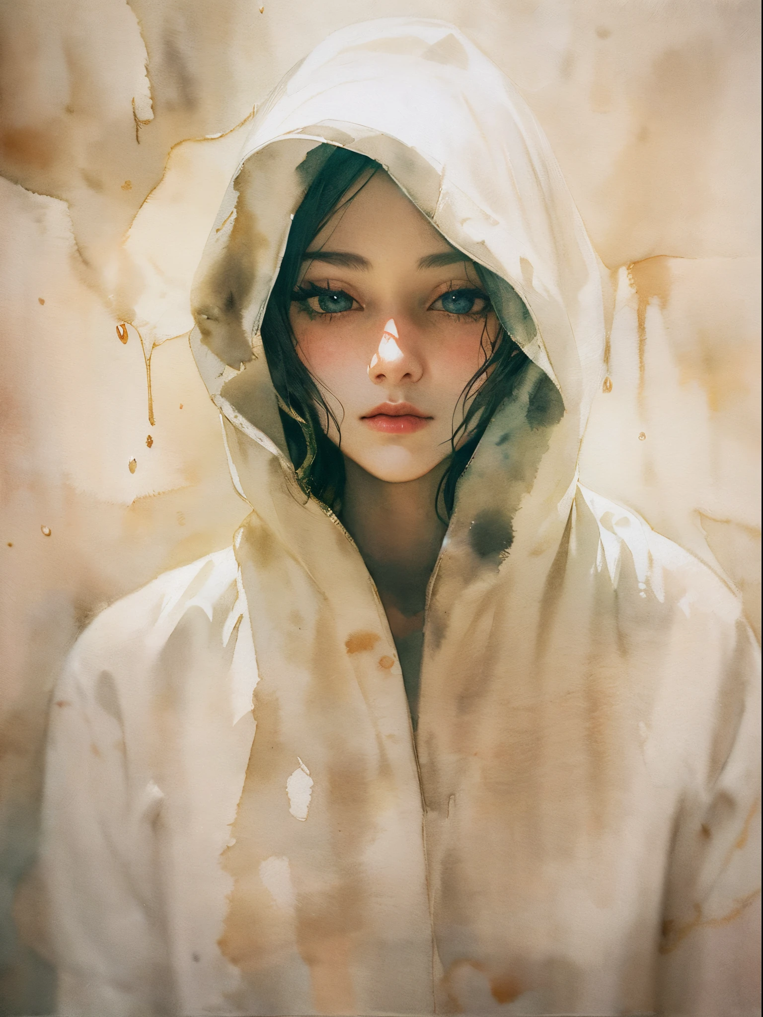 (fascinated)A beautiful woman emerges dimly from the world surrounded by light. Strong light crosses and soft light leaks out.(Color pattern:light pink, beige )(Clothing: grunge fashion)(Egon Schiele)
(Ink on Japanese paper, which tends to bleed easily)(contemporary art like a picture book) (transparent watercolor) (light itself expressed as real) (layers of soft, rich colors) (shades of paint dissolved thinly with water) (deep, delicate colors)