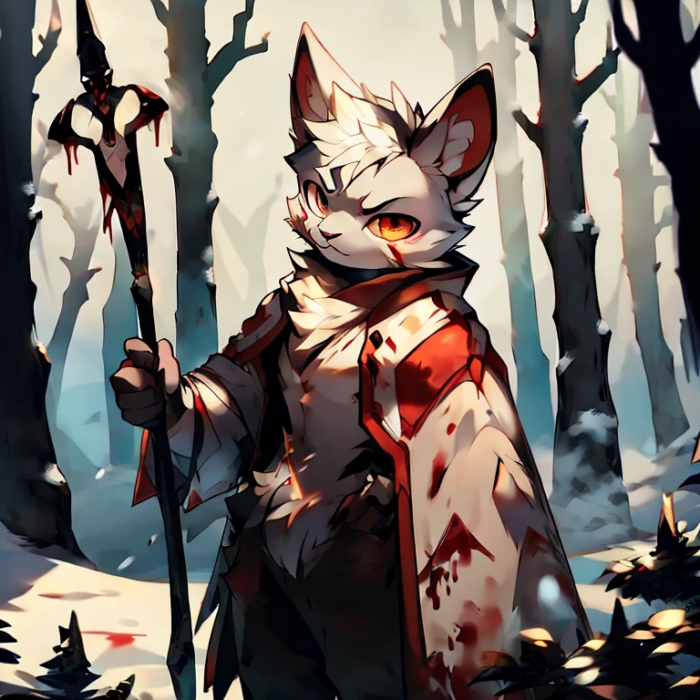 ( male white bunny)  ( white cloak with golden on it ) ( forest cover in snow  )  ( holding a staff) ( covered in blood) ( death glare)