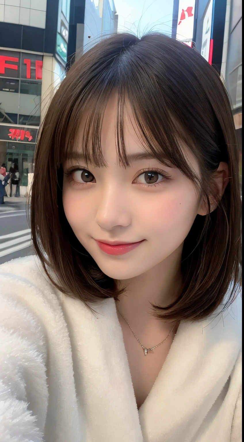 masutepiece, Best Quality, Illustration, Ultra-detailed, finely detail, hight resolution, 8K Wallpaper, Perfect dynamic composition, Beautiful detailed eyes, Women's fashion fluffy winter clothes,Medium Hair,Small breasts natural color lip, Bold sexy poses,Smile,Harajuku、20 years girl、Cute、Sexy shot looking at camera、Blur the background、slim face and style