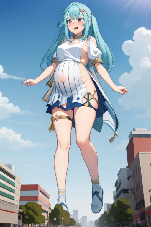 Giant maiden，Moe two-dimensional style，Pregnancy status，Round belly，Gaze at the bustling city, Lying down, Burp, Burping, Loud burp, Really loud burp, Growling belly, Growling stomach, Embarrassed, Full body