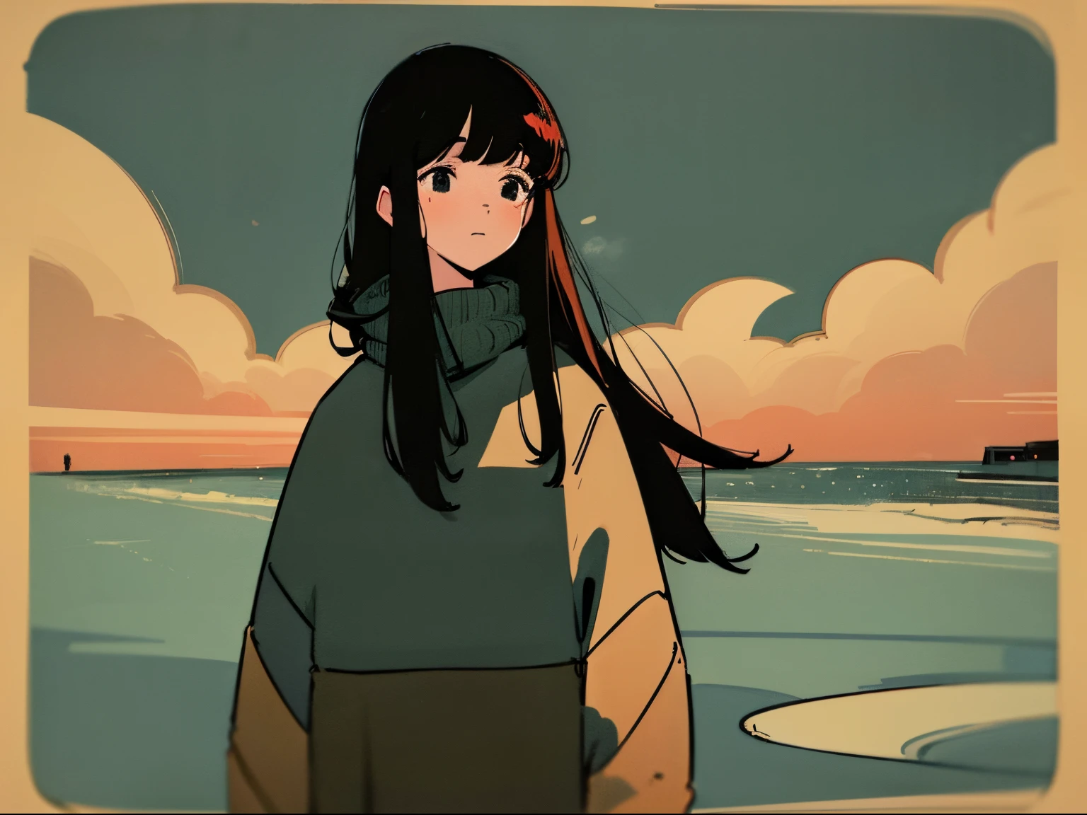 20 year old dark-haired woman, Clothes that look warm、Calm、Gentle light、black backgrounds、Coffee、head shot、Lo-Fi Illustration、a relaxing sight、Woman in sweater、looks sleepy、winter seaside、Horizon、the golden hour、Wide sky、Sluggishness、Exhale white breath through the mouth
