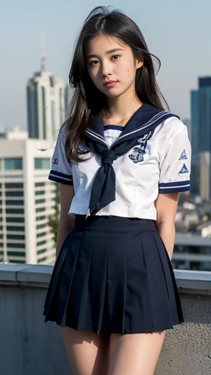 neat college girl, (school uniform, sailor uniform, ribbon tied at chest, summer clothes, upper body white, skirt dark blue, short sleeves), outside the athletic field, (slim), photorealistic, detail, skin texture, ultra detail, delicate and sexy collarbone, smile, super detailed face, detailed lips, detailed eyes, double eyelids, small breasts, small breasts, small, flat breasts, breast emphasis