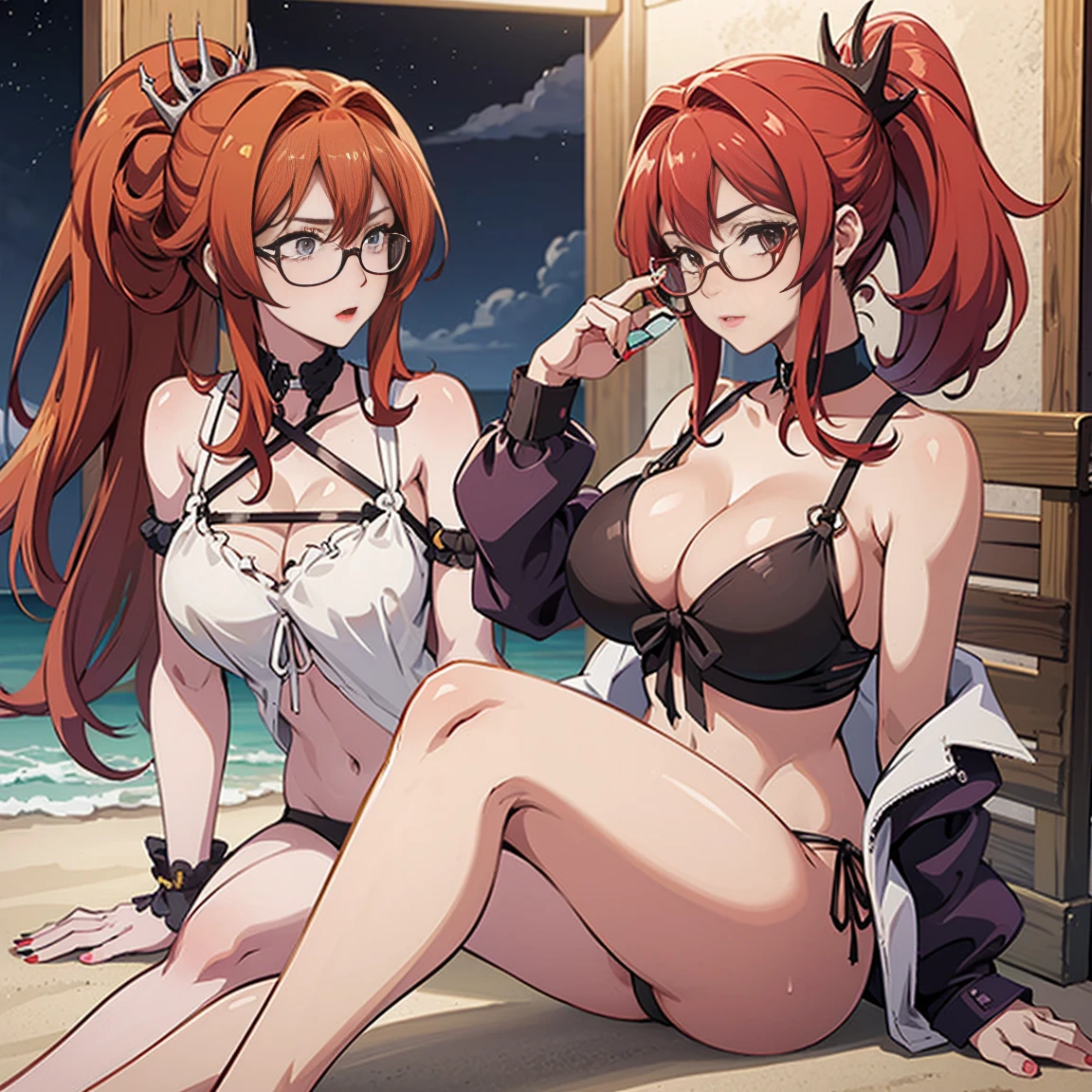 Mature woman, anime style, masterpiece, 4k, high-res, (red hair long ponytail), ((glasses)), sexy clothes, beach scene at night