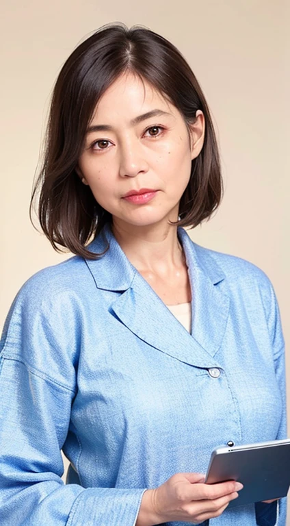 japanes, (1girl in), (((63 years old))),(A lot of wrinkles on her face:1.4), (There are many wrinkles on her chest1.4),Old Woman,(Nasolabial folds at the mouth:1.5), (Head-on:2.0), Solo, (Parted lips), (straight look at viewer), Upper body, flat chest, (Hold a large tablet with both hands), Tailored jackets for women, Blouse, Office Lady, bookshelf, (Head-on:2.0)