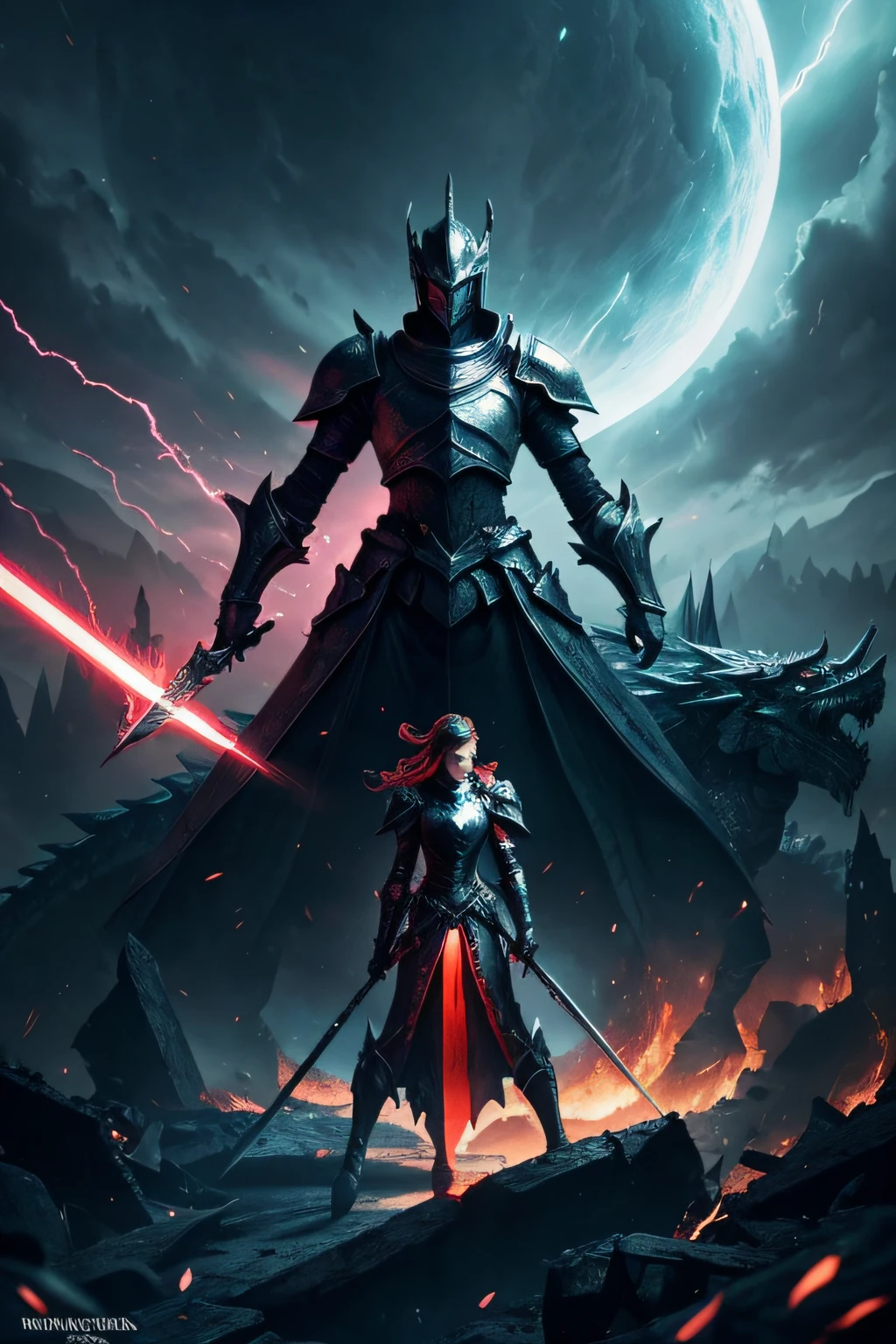 a fantasy environment that is disrupted by shadow energy. everything is destroyed and in ruins. a female knight wearing shining white armor made of star dust and holding a glowing dragon sword is standing on the edge of the cliff and is facing the wrath which is a monster in a shadow form with his eyes glowing red. the mood of the image should be greenish red colour also highlight the knight