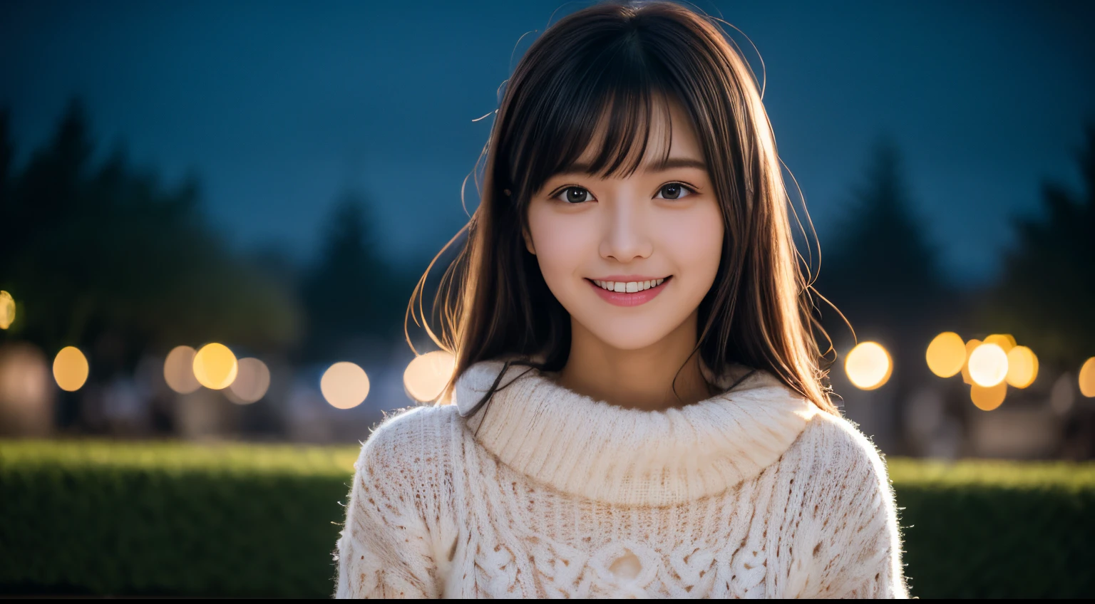 1girl in, 18year old、Gravure model for Japan, (cute little, a beauty girl,profile:1.2),Profile 1.1、Modest big, 𝓡𝓸𝓶𝓪𝓷𝓽𝓲𝓬, (Please look up at the big Christmas tree in the night sky and pray...:1.5)、(A night town with beautiful Christmas illuminations:1.4), (fluffy white wool sweater:1.ink scarf:1.2), (Green Plaid Pleated Skirt), beautiful christmas city background、 A dark-haired、Pray、A smile、 Best Quality, hight resolution, Detailed skin, Detailed face and eyes, Hi-Res, Natural lighting, Perfect Anatomy, Physically-based rendering, Photorealistic, symmetric clear eyes, Well-groomed face,age girl, Perfect figure, Transparency, hposing Gravure Idol,