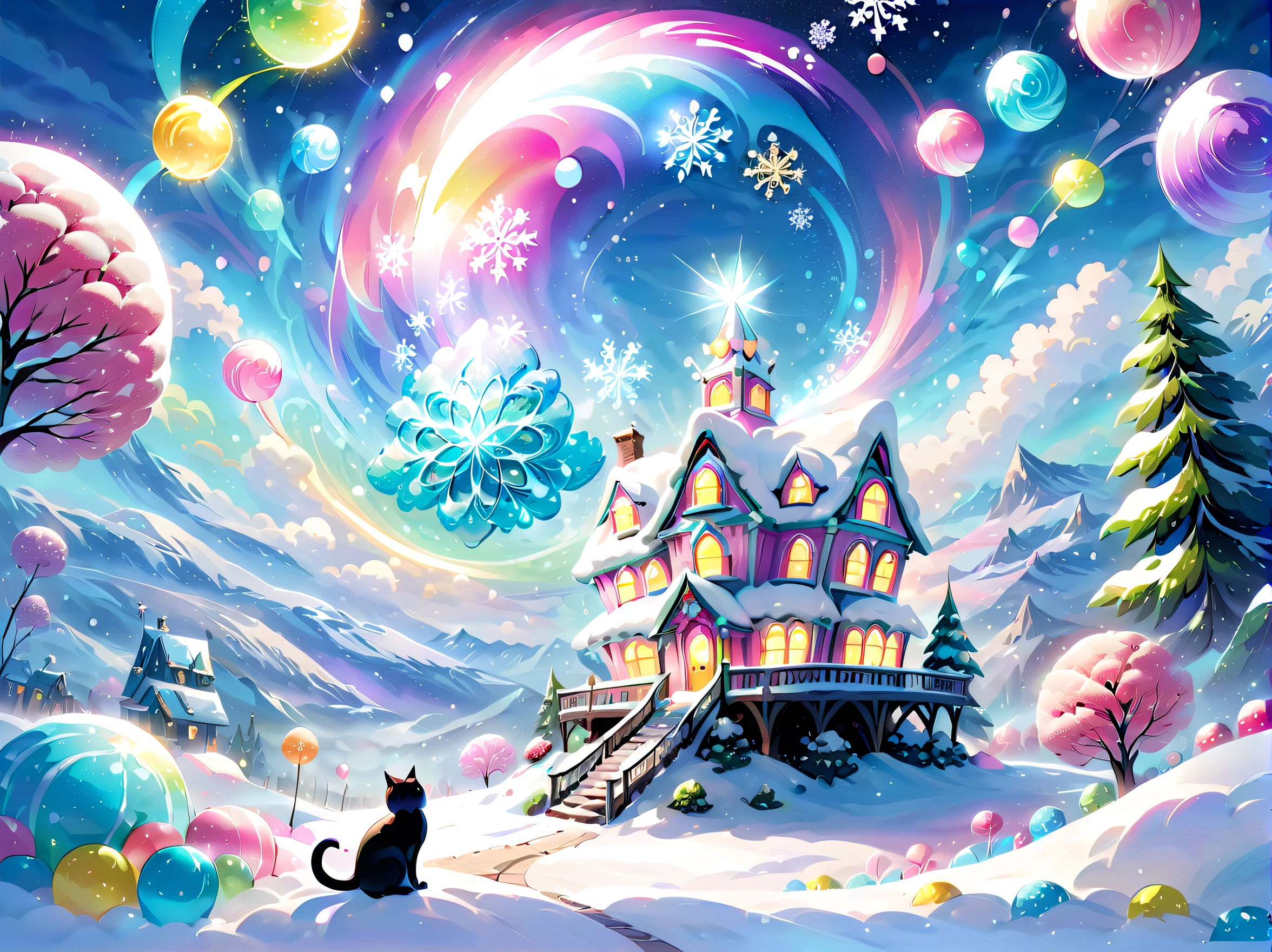 (Fine detail illustration of a very epic snow fantasy:1.1), fantasy universe world mysterious pop fantasy clouds and mysterious pop tree, Surrounded by the aura of candy house light, dreamy cat looking up at the sky, It turns into an irrational nature of conscious thought and energy, A background that embodies endless possibilities, A colorful moon in the haze of reality and fantasy, An impressive world created by a magnificent imagination, A symbol of dreamlike beauty, The complexity of the universe and the interconnectedness of all things, Illustrations that capture the delicate mysteries of the universe, (snowflake coating:1.1), (snow candy falling:1.3). pastel flower water ring ride, Neon glowing snowflake ferris wheel, floating sphere pastel goth ball,