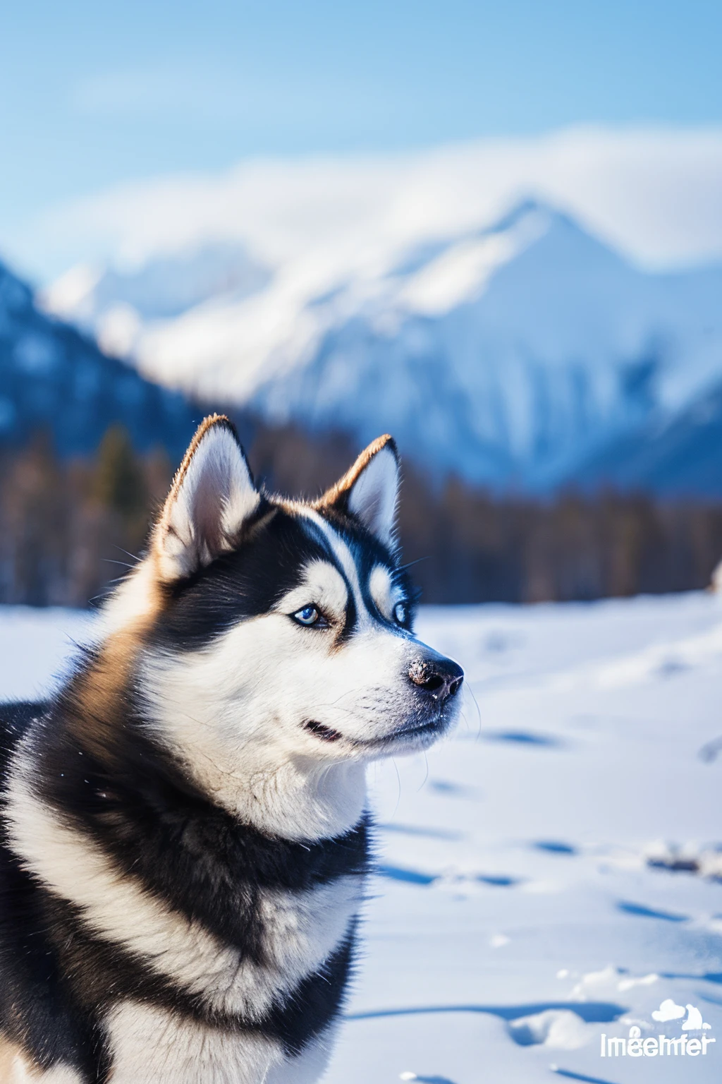 Siberian Husky looking at the camera with an expression, Turn your head to the side、, snow mountains、Illustrative