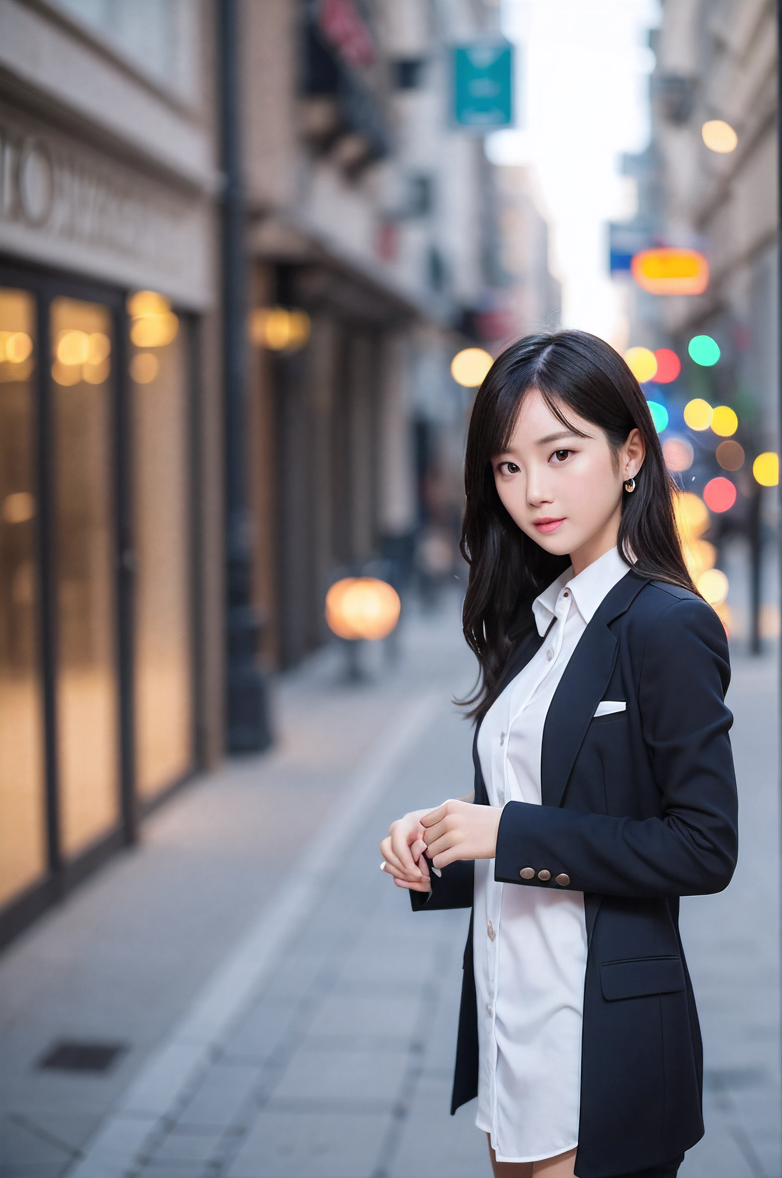 Street,1girl in,Sexy Pose,Best Quality,Master Furnace 8K,nffsw,High absurdity:1.2,Kodak Portra 400,Film grain,Blurry bokeh:1.2,Lens Flare,(vivd colour:1.2),Looking at Viewer,Black Suit,White shirt,Clear skin