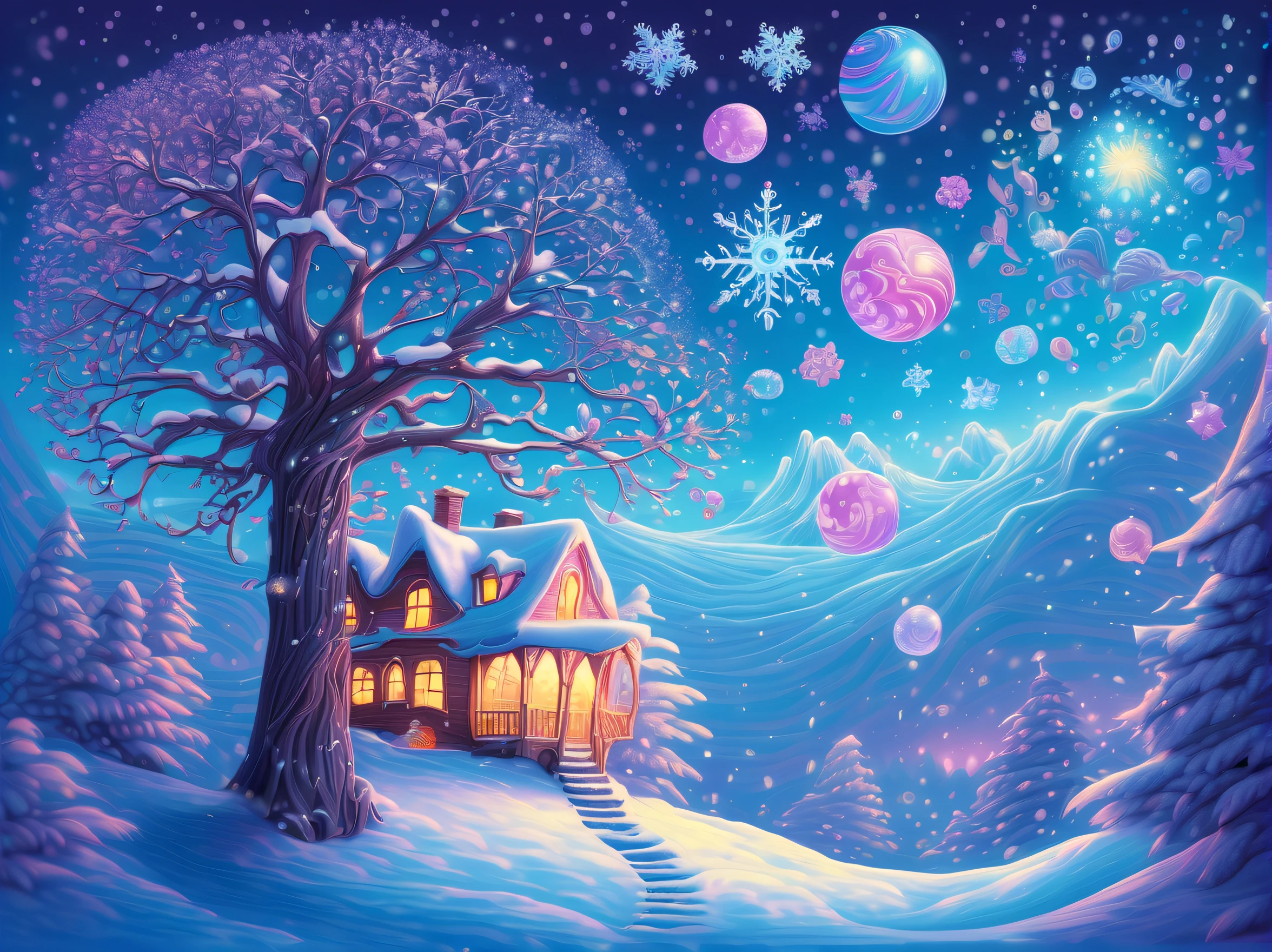 (Fine detail illustration of a very epic snow fantasy:1.1), fantasy universe world mysterious pop fantasy clouds and mysterious pop tree, Surrounded by the aura of candy house light, A dreaming cat looks up at the sky, It turns into an irrational nature of conscious thought and energy, A background that embodies endless possibilities, A colorful moon in the haze of reality and fantasy, An impressive world created by a magnificent imagination, A symbol of dreamlike beauty, The complexity of the universe and the interconnectedness of all things, Illustrations that capture the delicate mysteries of the universe, (snowflake coating:1.1), (snow candy falling:1.3). pastel flower water ride, Neon glowing snowflake ferris wheel, floating sphere pastel goth ball,