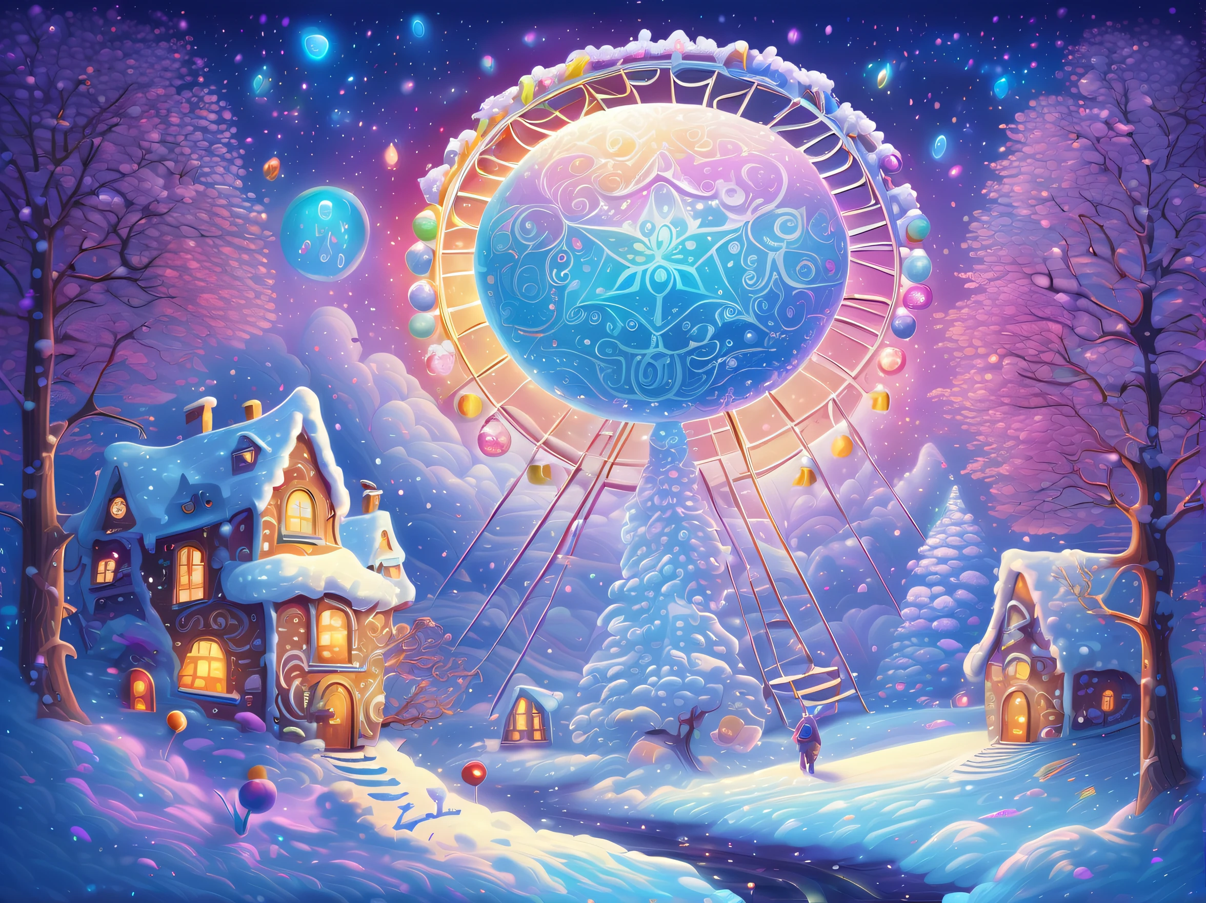 Fine detail illustration of a very epic snow fantasy, fantasy universe world mysterious pop fantasy clouds and mysterious pop tree, Surrounded by the aura of candy house light, A dreaming cat looks up at the sky, It turns into an irrational nature of conscious thought and energy, A background that embodies endless possibilities, A colorful moon in the haze of reality and fantasy, An impressive world created by a magnificent imagination, A symbol of dreamlike beauty, The complexity of the universe and the interconnectedness of all things, Illustrations that capture the delicate mysteries of the universe, (snowflake coating:1.1), (snow candy falling:1.Aster Flower Water Ride, Neon glowing snowflake ferris wheel, floating sphere pastel goth ball,