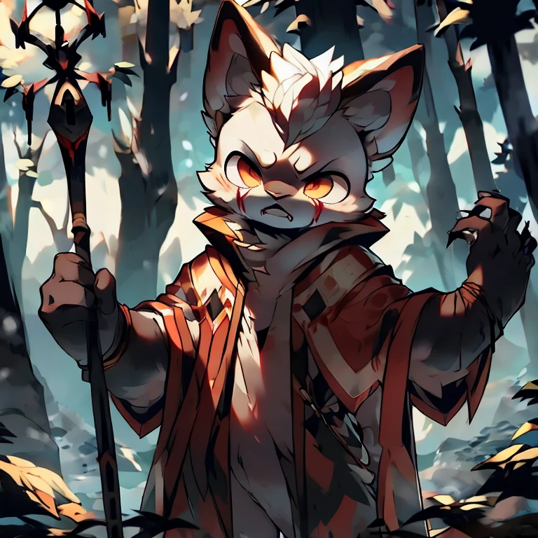 ( male white bunny)  ( white cloak with golden on it ) ( forest cover in snow  )  ( holding one staff) ( covered in blood) ( death glare mix of disgusted expression) (hand crashing something and blood flowing out of it)