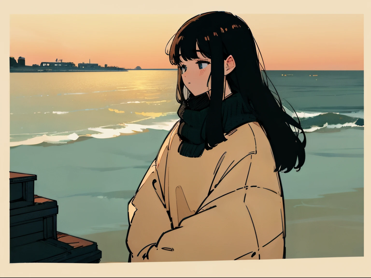 20 year old dark-haired woman, Clothes that look warm、Calm、Gentle light、black backgrounds、Coffee、head shot、Lo-Fi Illustration、a relaxing sight、Woman in sweater、looks sleepy、winter seaside、Horizon、the golden hour、Wide sky、Wanren