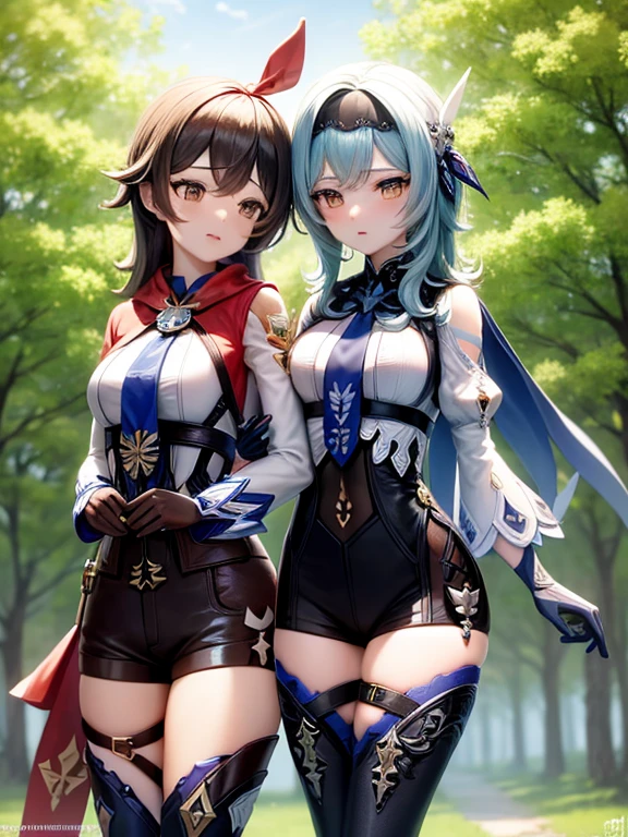 (masterpiece, best quality), multiple girls, 2girls, kissing, kiss, yuri, standing, Europe background, windmill, sunny, blush, embarrassed BREAK euladef, short hair BREAK amber5star,