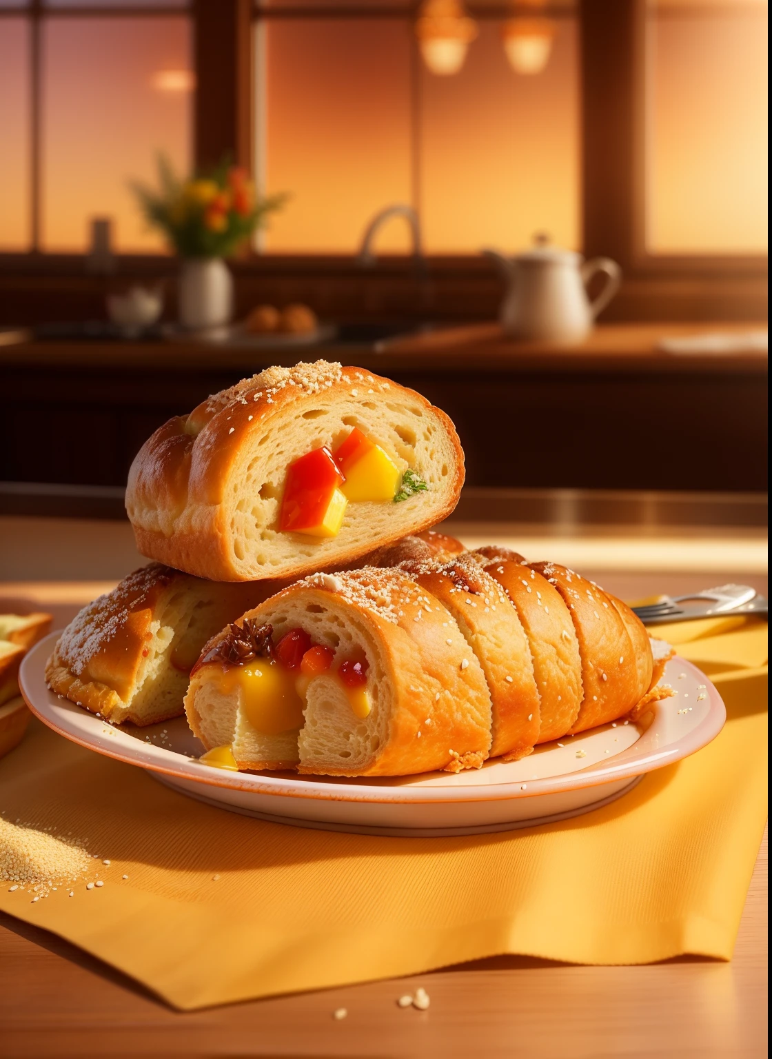 There a plate,Topped with pastry and a fork, pie section, breads, luscious sesame seeds, breads, breads, Super realistic food pictures, cornucopia, 3274589695, soft and warm, 2806927615, Uh-huh, food commercial 4 k, Supersaturation