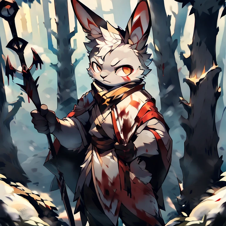 ( male white )  ( white cloak with golden on it ) ( forest cover in snow  )  ( holding one staff) ( covered in blood) ( death glare ) (hand crashing something )