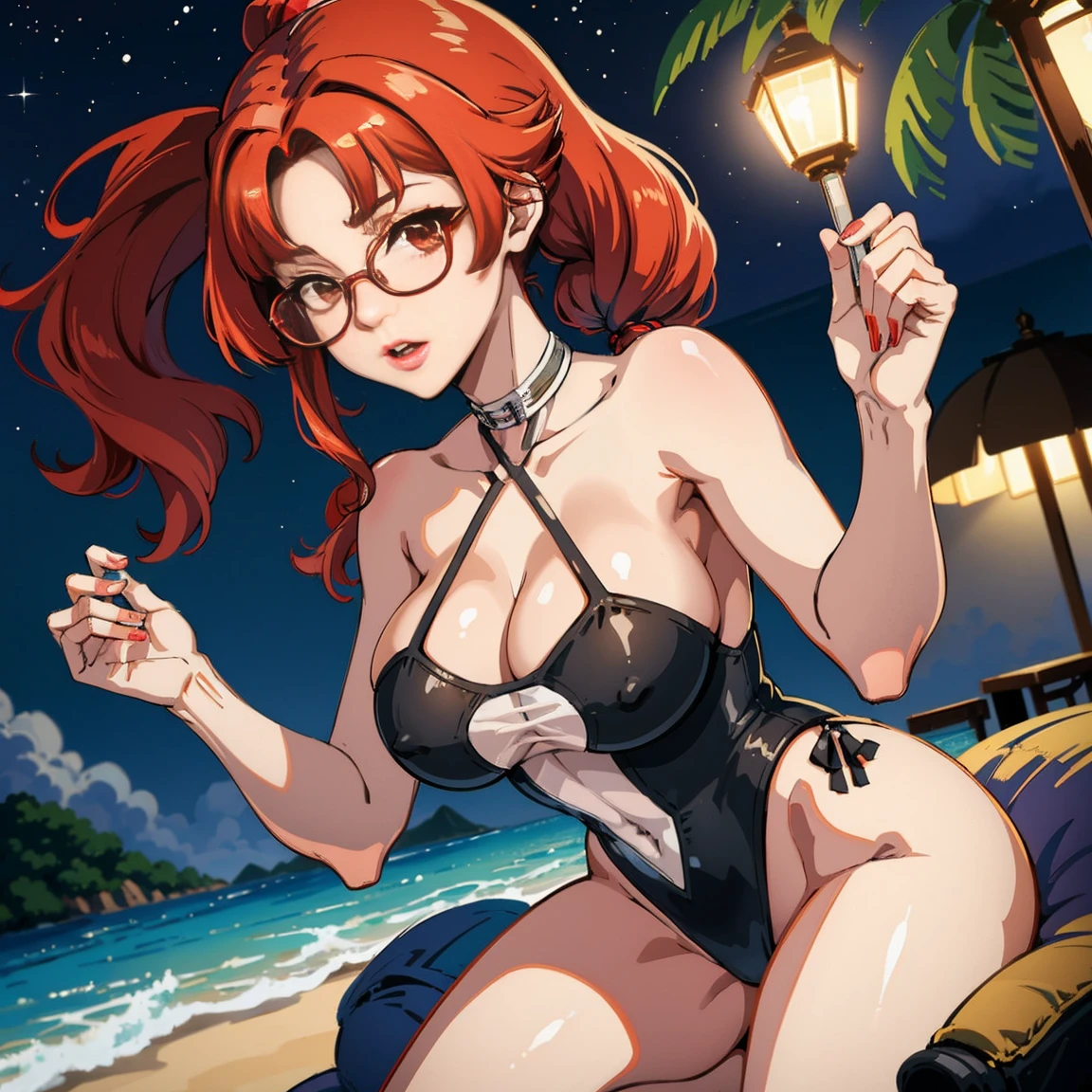 Mature woman, anime style, masterpiece, 4k, high-res, (red hair long ponytail), ((glasses)), sexy clothes, beach scene at night, petite hands