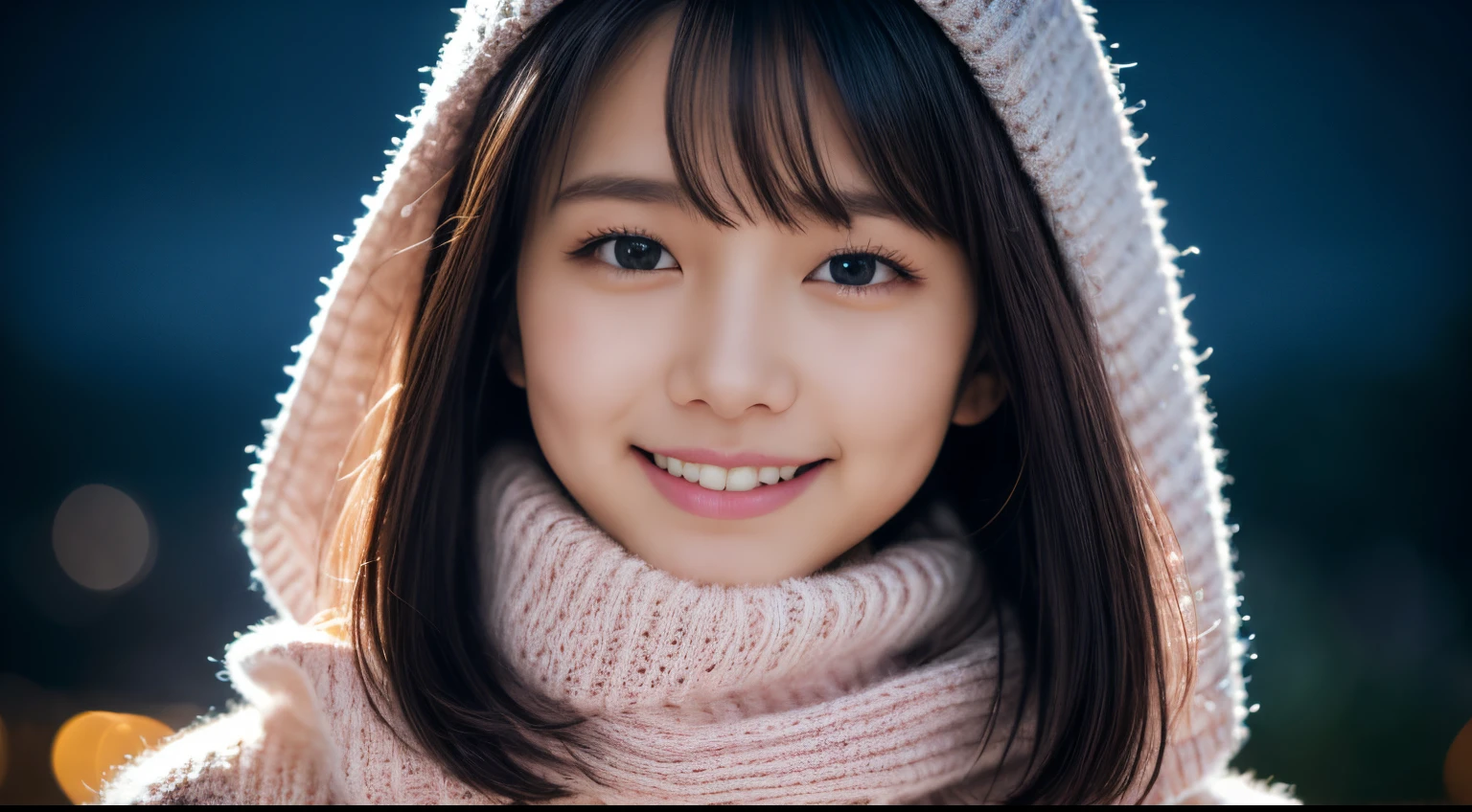 1girl in, 18year old、Gravure model for Japan, (cute little, a beauty girl,profile:1.2),Profile 1.1、Modest big, 𝓡𝓸𝓶𝓪𝓷𝓽𝓲𝓬, (Please look up at the big Christmas tree in the night sky and pray..:1.5)、(A night town with beautiful Christmas illuminations:1.4), (fluffy white wool sweater:1.3), (Pink scarf:1.2), (Green Plaid Pleated Skirt), beautiful christmas city background、 A dark-haired、Pray、A smile、 Best Quality, hight resolution, Detailed skin, Detailed face and eyes, Hi-Res, Natural lighting, Perfect Anatomy, Physically-based rendering, Photorealistic, symmetric clear eyes, Well-groomed face,Teenage girl, Perfect figure, Transparency, hposing Gravure Idol,