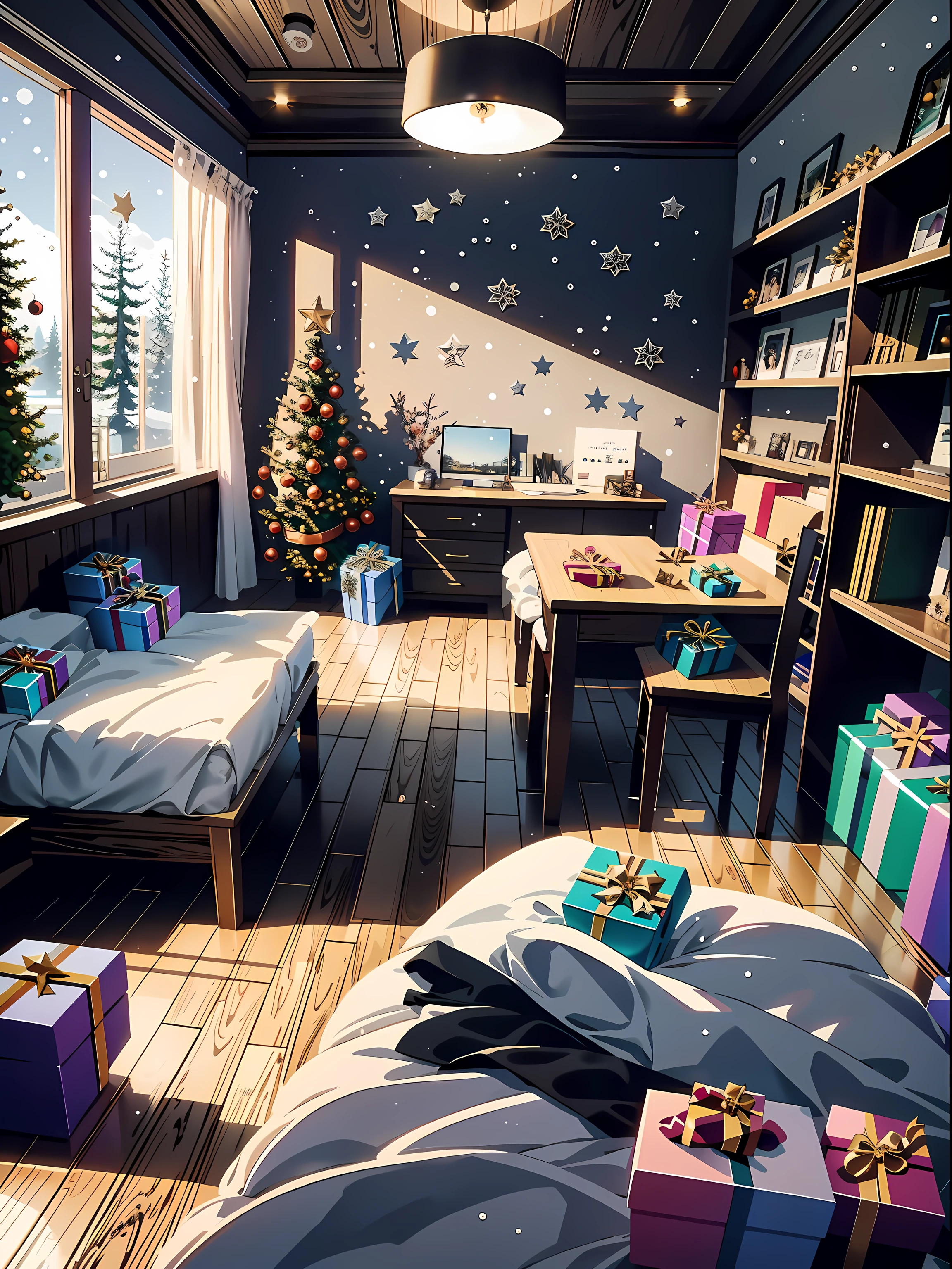 (masterpiece, best quality, close up, interior:1.2), Christmas trees:1.8, ((no human, Christmas:1.9)), (((gifts:1.7))), bedroom, beautiful, (fog, snow, winter:1.2), (morning, lighting:1.2), clean, (bedroom, desk, wooden floor, wooden walls, bookshelves:1.4), fence, (forest, cabin, Christmas tree:1.4), ultra clean, Ultra detailed, studio ghibli, wallpaper, clean, warm tone, anime style, masterpiece, super detail, highres, best quality