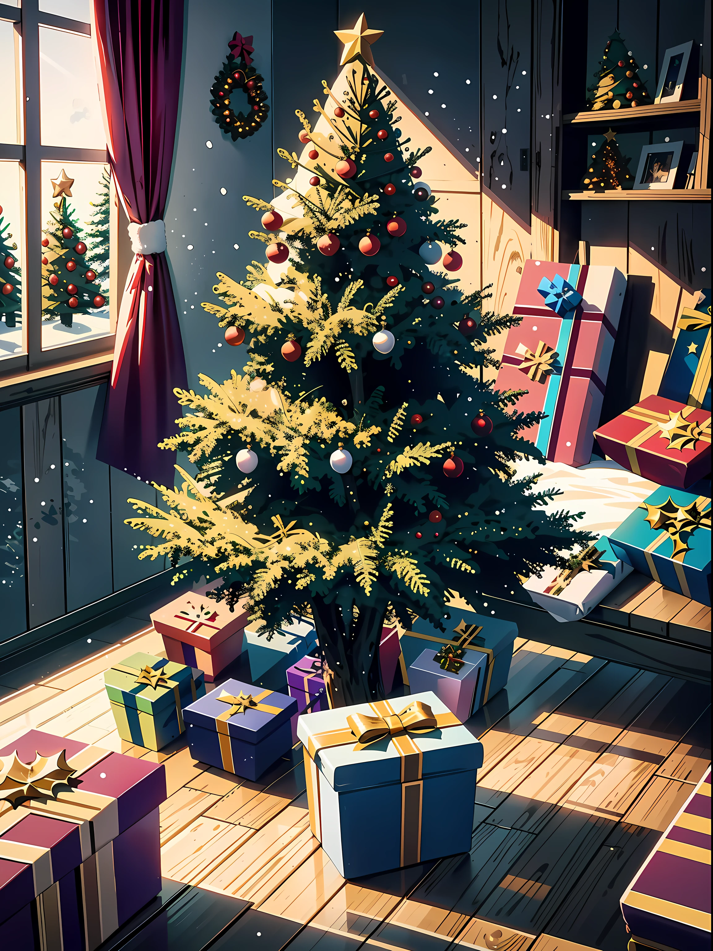 (masterpiece, best quality, close up, interior:1.2), (Christmas trees:1.8), (candy canes), ((no human, Christmas:1.9)), (((gifts:1.7))), beautiful, (fog, snow, winter:1.2), (morning, lighting:1.2), clean, (bedroom, desk, wooden floor, wooden walls, bookshelves:1.4), fence, (forest, cabin, Christmas tree:1.4), ultra clean, Ultra detailed, studio ghibli, wallpaper, clean, warm tone, anime style, masterpiece, super detail, highres, best quality