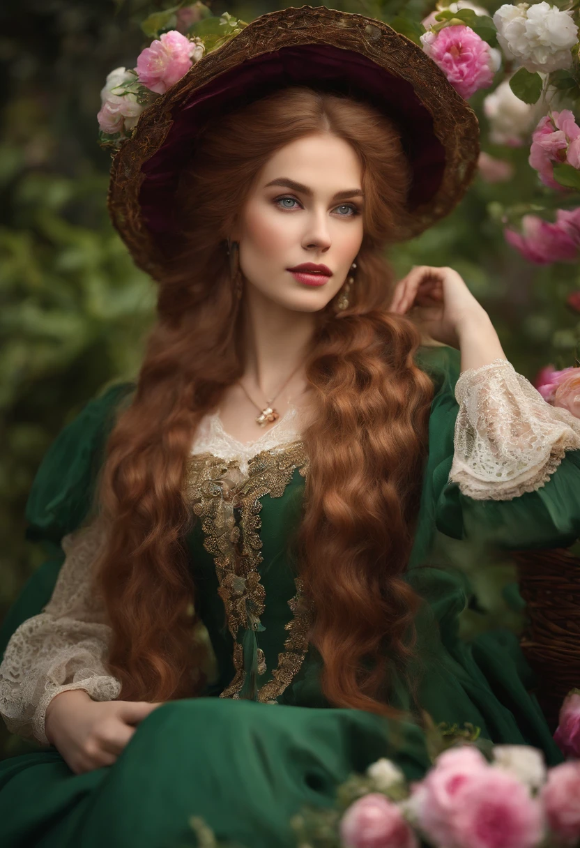 a beautiful woman with caramel-colored hair, long straight hair, flowing hair, light green eyes, pure and vivid, fleshy and pink mouth, fair and classic skin, woman of extreme beauty, a perfect goddess, commoner clothing style of the Victorian era, holding a bouquet of colorful flowers, in the background French colony of the Victorian era, wallpaper 4k, 32k Ultra, Ultra Hd, cinematic lighting, movie poster, Top Quality、超High Resolution A