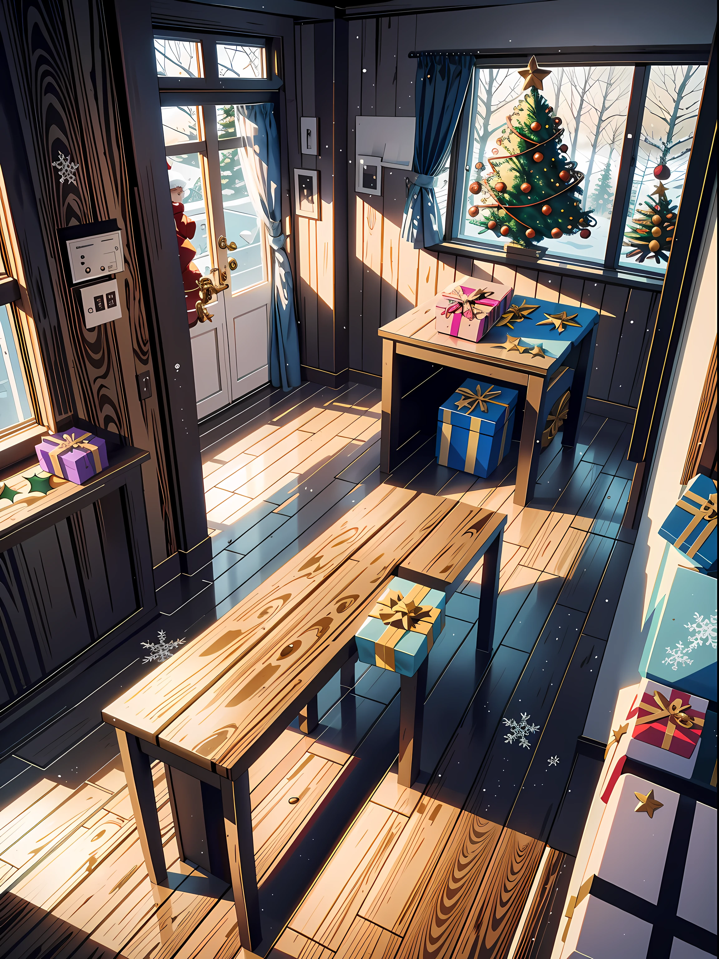 (masterpiece, best quality, close up, interior:1.2), Christmas trees:1.8, ((no human, Christmas:1.9)), (((gifts, candies:1.7))), bedroom, beautiful, (fog, snow, winter:1.2), (morning, lighting:1.2), clean, (bedroom, desk, wooden floor, wooden walls, bookshelves:1.4), fence, (forest, cabin, Christmas tree:1.4), ultra clean, Ultra detailed, studio ghibli, wallpaper, clean, warm tone, anime style, masterpiece, super detail, highres, best quality