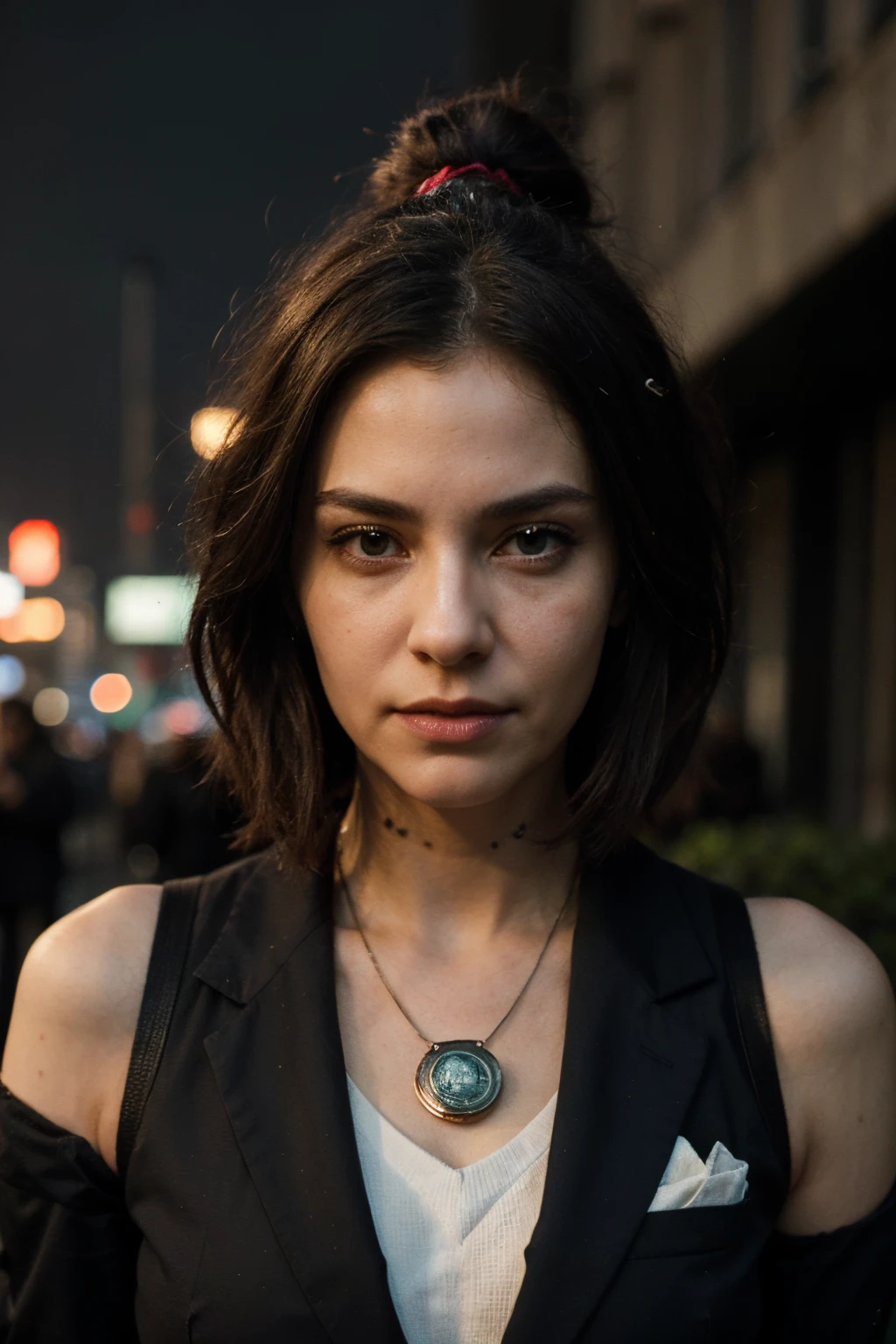 ((best quality)), ((masterpiece)), (detailed), perfect face, Picture a legendary cyberpunk female rebel in a iconic suit and tie, her name forever etched in the cyberpunk history as a symbol of defiance and resistance. Use a symbolic pose and a triumphant expression to capture her legacy.