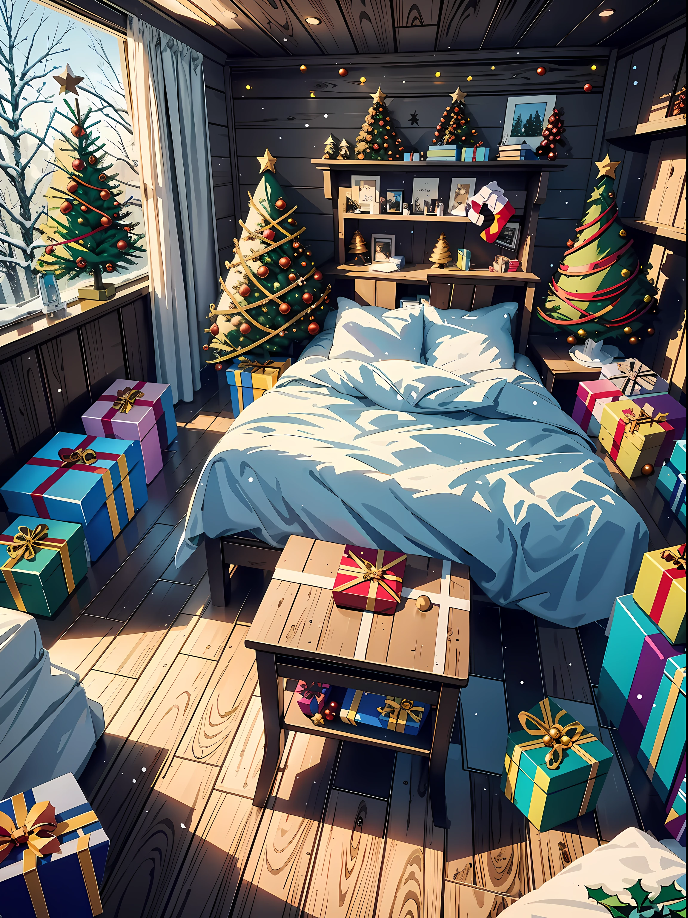 (masterpiece, best quality, close up, interior:1.2), (Christmas trees:1.8), (candy canes), ((no human, Christmas:1.9)), (((gifts:1.7))), beautiful, (fog, snow, winter:1.2), (morning, lighting:1.2), clean, (bedroom, desk, wooden floor, wooden walls, bookshelves:1.4), fence, (forest, cabin, Christmas tree:1.4), ultra clean, Ultra detailed, studio ghibli, wallpaper, clean, warm tone, anime style, masterpiece, super detail, highres, best quality