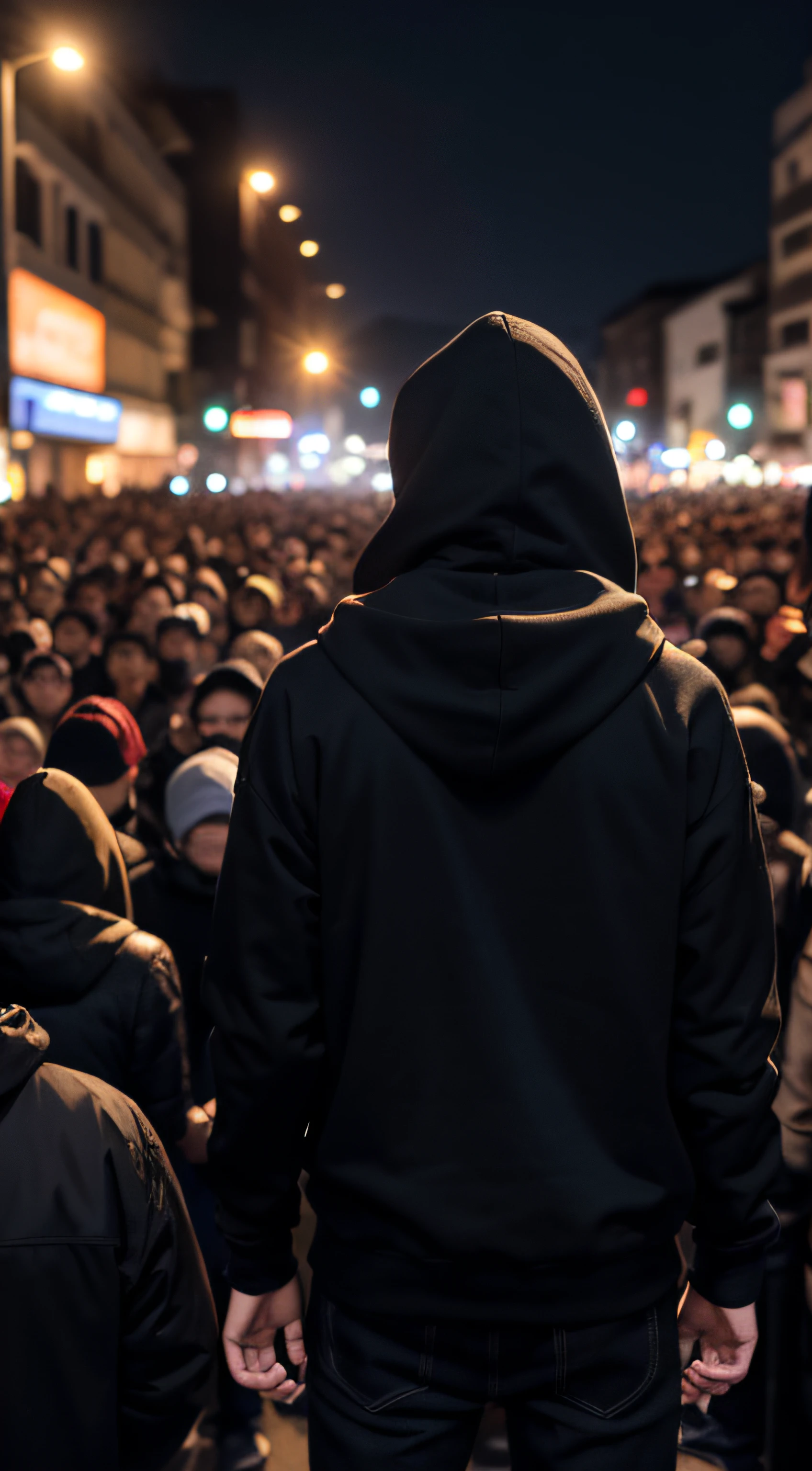 A light skinned spanish guy tall guy standing in front of a crowd, speaking into a microphone night view , tall guy, with hoodie, wearing black clothes, back view,