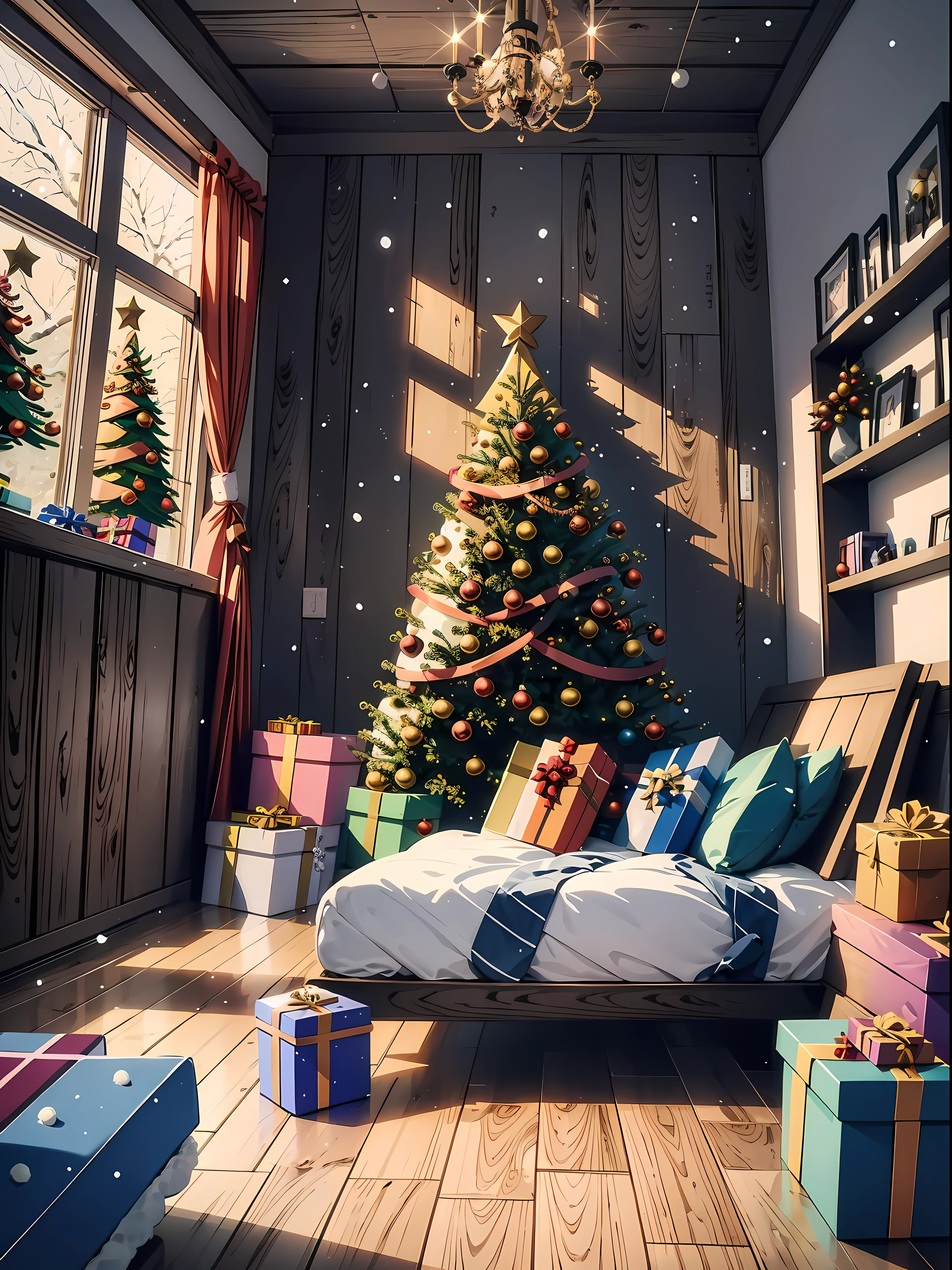 (masterpiece, best quality, close up, interior:1.2), (Christmas trees:1.8), (candy canes), ((no human, Christmas:1.9)), (((gifts:1.7))), beautiful, (fog, snow, winter:1.2), (morning, lighting:1.2), clean, (bedroom, desk, wooden floor, wooden walls, bookshelves:1.4), fence, (forest, cabin, Christmas tree:1.4), ultra clean, Ultra detailed, studio ghibli, wallpaper, clean, warm tone, anime style, masterpiece, super detail, highres, best quality