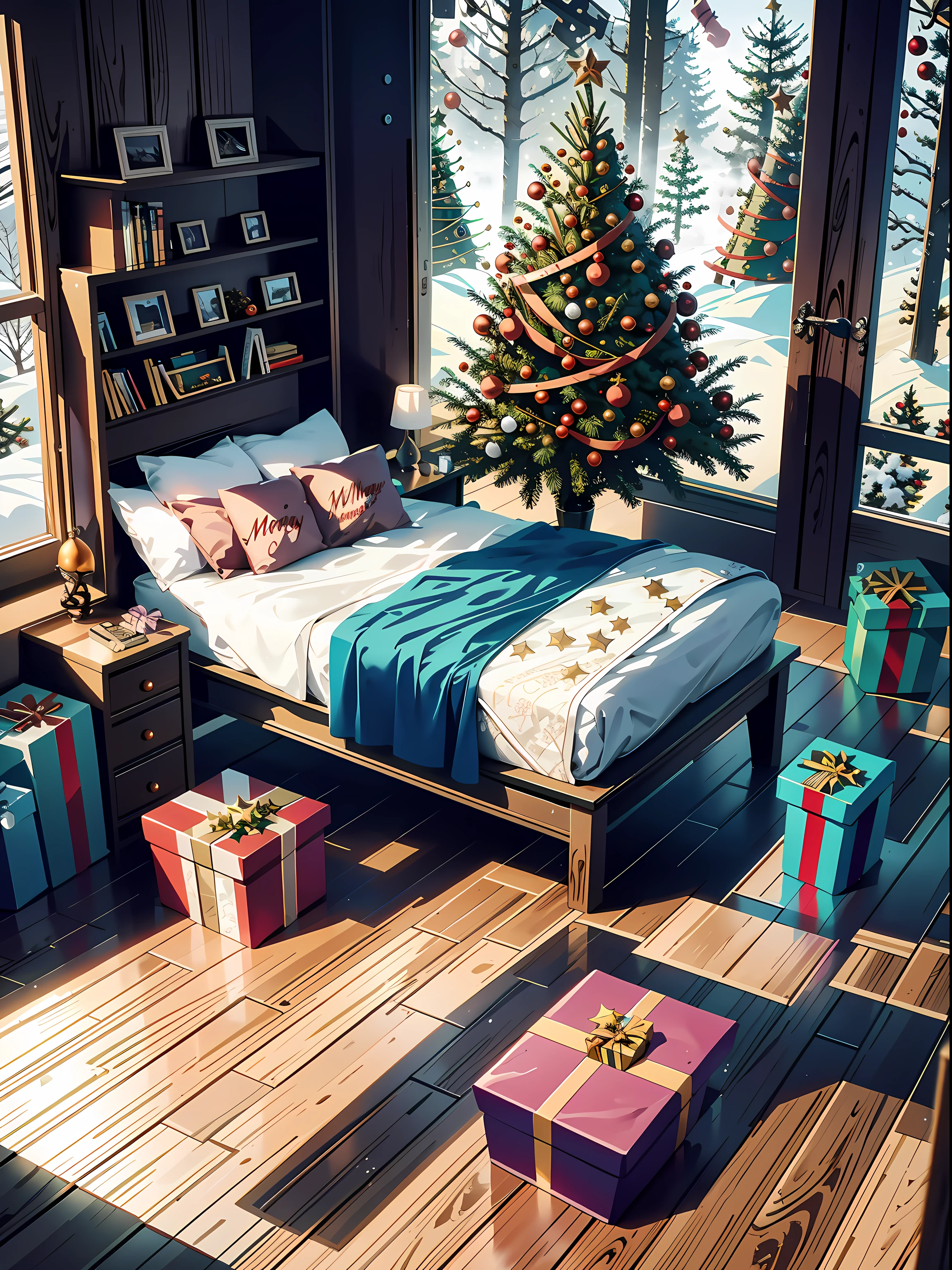 (masterpiece, best quality, close up, interior:1.2), (Christmas trees:1.8), (candy canes), ((no human, Christmas:1.9)), (((gifts:1.7))), beautiful, (fog, snow, winter:1.2), (morning, lighting:1.2), clean, (bedroom, desk, wooden floor, wooden walls, bookshelves:1.4), fence, (forest, cabin, Christmas tree:1.4), ultra clean, Ultra detailed, studio ghibli, wallpaper, clean, warm tone, anime style, masterpiece, super detail, highres, best quality