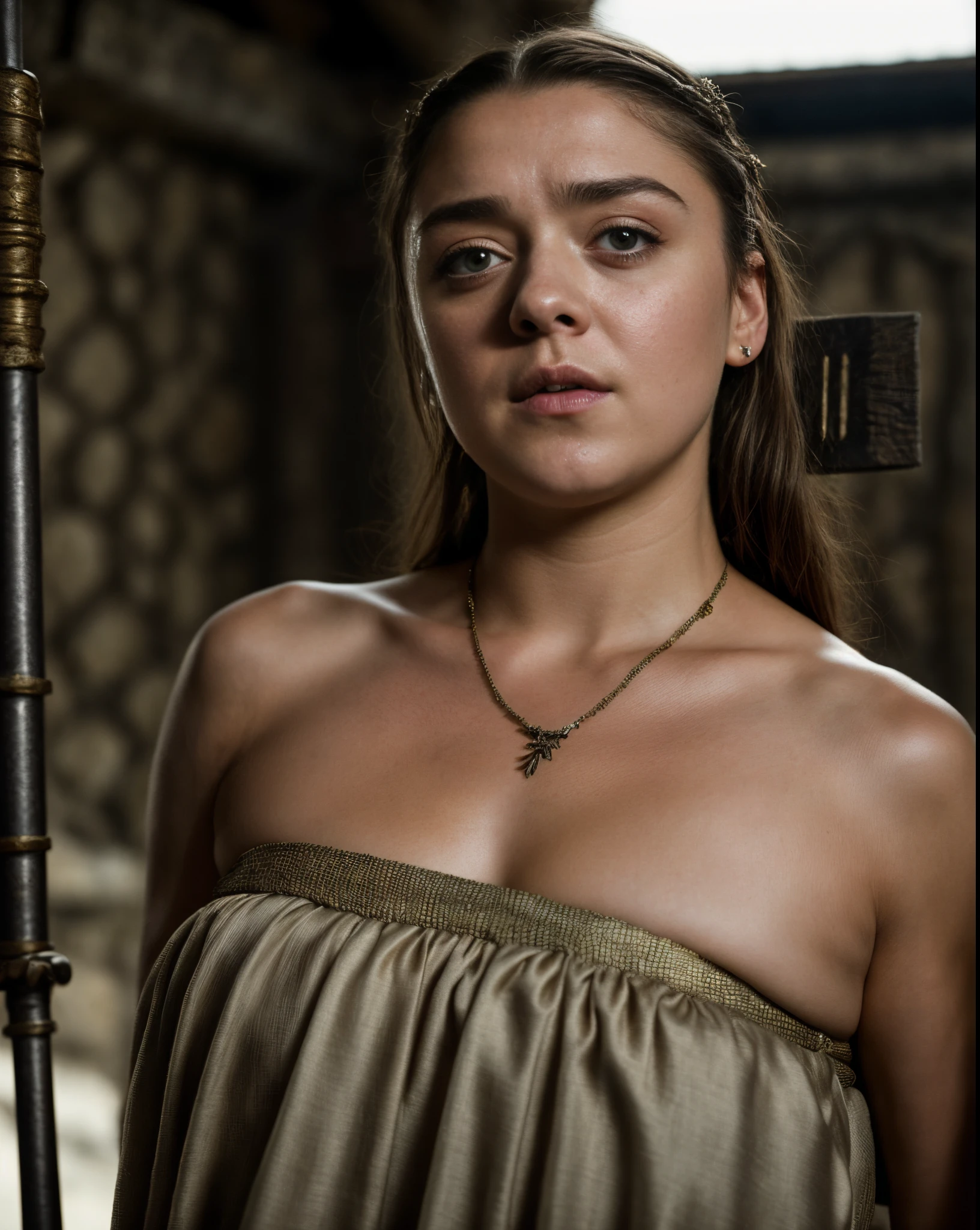 Foto RAW, Arya Stark, Extremely gorgeous lady, Arya Stark PLAYED BY MAISIE WILLIAMS, Queen Arya Stark, she  a mature woman now, milf, sexy mediaeval battle dress, gladiator woman, body, 40 years old Woman, body revealing costumes, perky breast, skin pores, big natural breast, erotic costumes, lusty physique, seductive figure can capture every people's attention, Game of thrones costumes, revealing captivating figure, Mediaeval costumes, revealing clothes, A tomboy, she would rather fence than dance, warrior queen , game of thrones screen caps, Game of Thrones Series, (pele altamente detalhada: 1.2), 8k UHD, DSLR, soft-lighting, alta qualidade, grain of film, Fujifilm XT3, flawless picture, highly detailed, detailed Beauty, intricate, 32k, sharp picture,