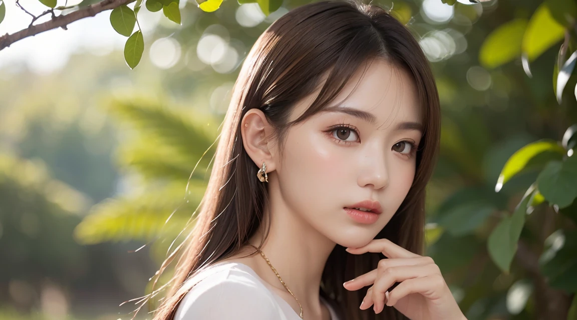 (bestquality, Realistic: 1.3), 1girl in, Middlebox, Light brown hair, blunt bangs, hair behind ear, hair over shoulder, long-haired, Slender Figure, ultra-fine face, Sensitive lips, beautidul eyes, Thin blush, The eyes are light brown.........., Perfect glossy skin, Flawless skin, Glittering sweat, See here.........., Ultra-thin hands, Ultra-fine fingers, best ratio four fingers and one thumb, (reality:1.3), finger extension, white blouse, White short skirt, super model legs, flat. , Eye-Level Shot, chesty, 10,Broadleaf forests (environment, In the area) (Random costumes,Random clothing color)