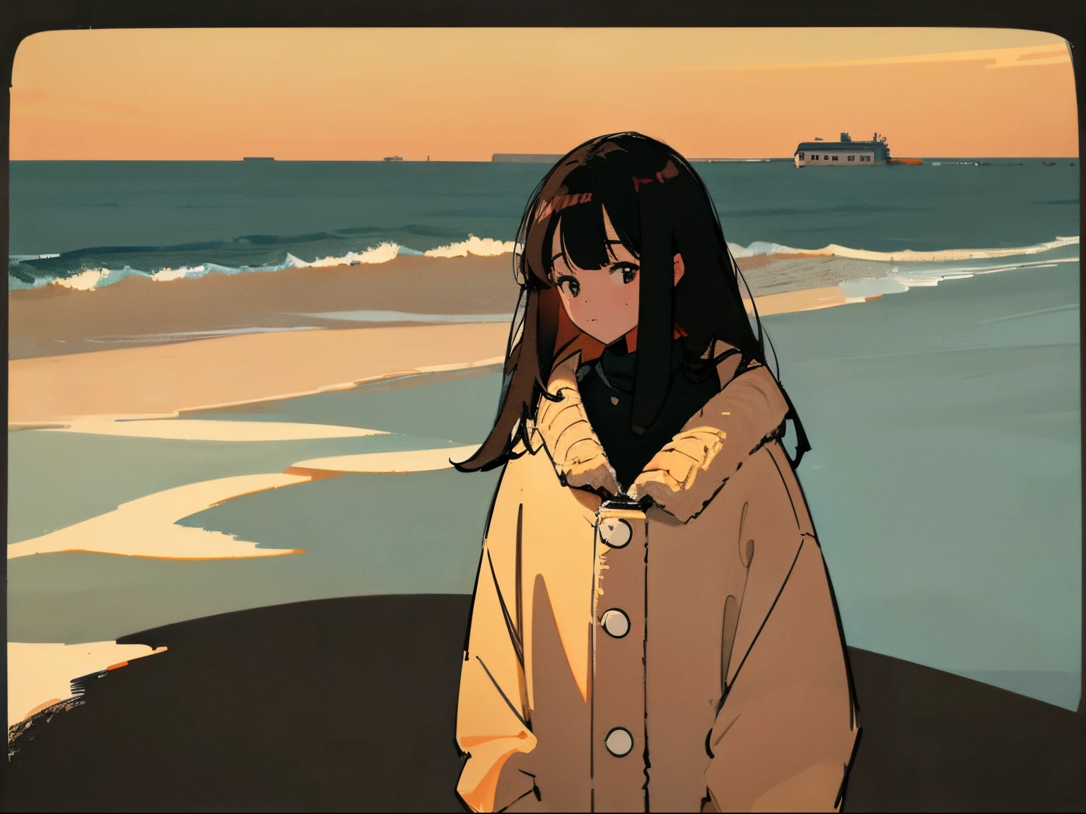 20 year old dark-haired woman, Clothes that look warm、Calm、Gentle light、black backgrounds、Coffee、head shot、Lo-Fi Illustration、a relaxing sight、Woman in sweater、looks sleepy、winter seaside、Horizon、the golden hour、Wide sky、a Dog