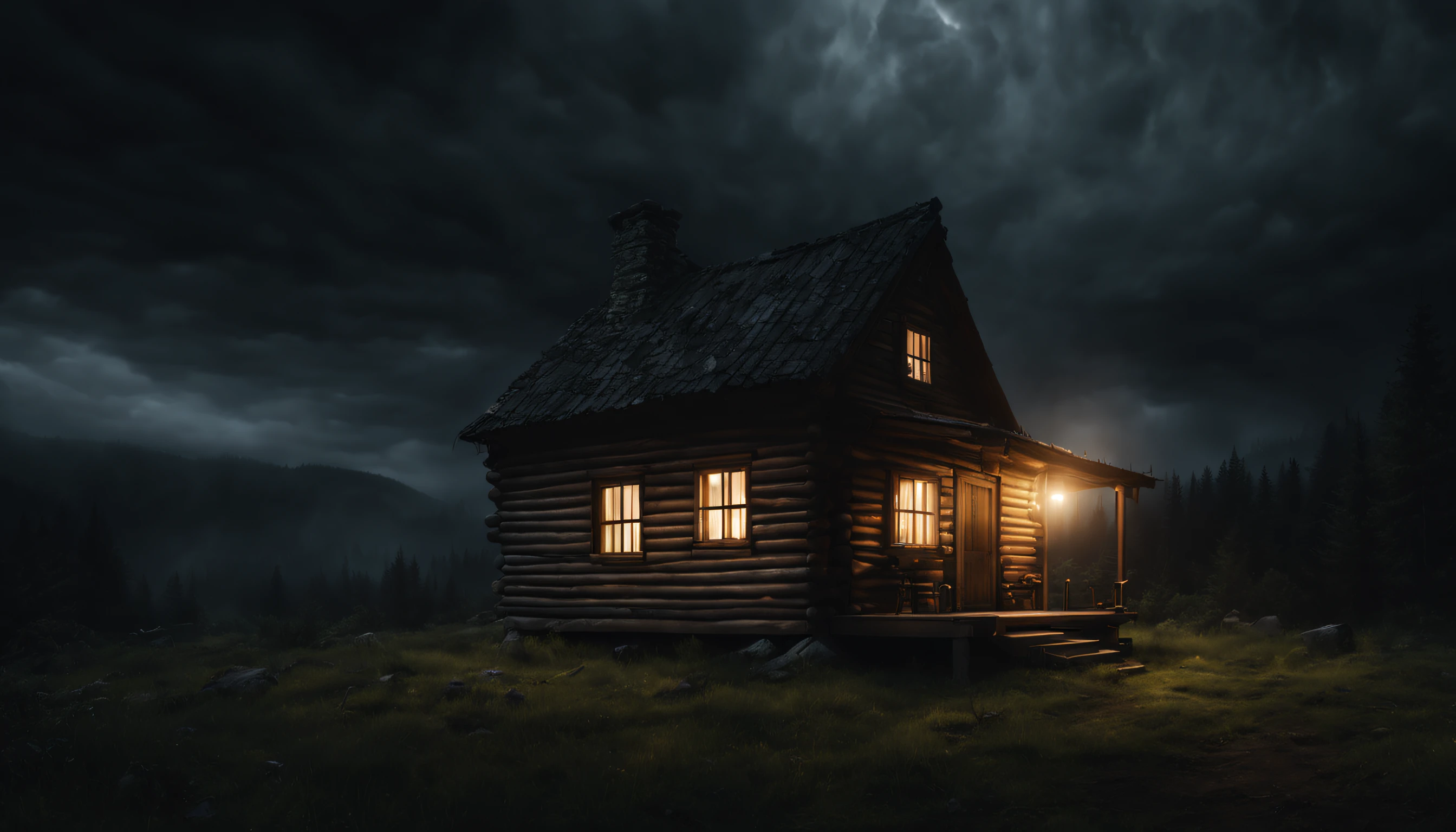create a photo of a realistic cabin in an open forest at night with lights on, showing a cloudy sky surrounded by dark storm clouds, Foto 4k, dark scenery with lots of fog