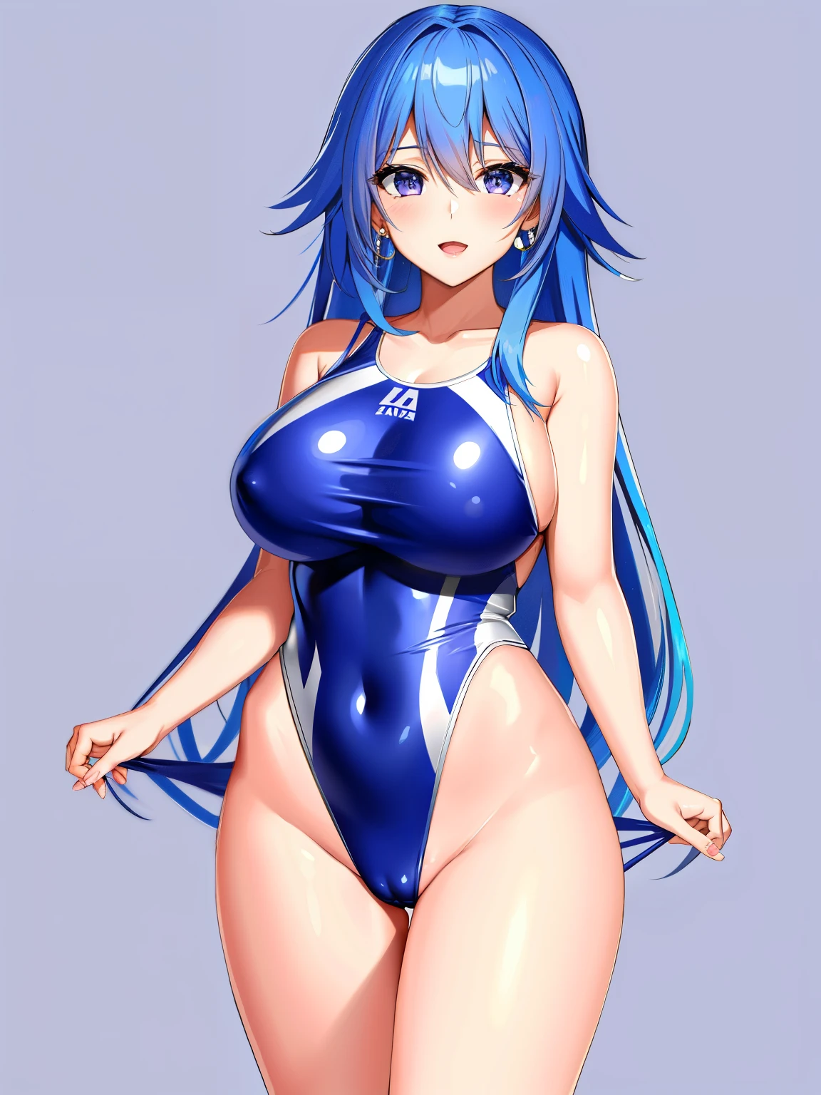 an anime girl、Mature girls、Cool girl、beautiful a girl、 girl、solo、girl wearing a swimsuit、rating:safe、onepiece swimsuit、 Anime girl wearing a tank suit with purple and white edges、 High-leg racing swimwear with purple and white trim、Two-tone high-leg racing swimsuit、huge tit、Woman with very large breasts、garments:High-cut swimwear、shiny、purple eyed girl、shiny_clothes、grey_background、Swimsuit for swimming competitions、girl with half up hair、open_mouth、shiny_skin、covered_navel、cowboy_shot、smile、thigh_gap、shiny_hair、Competitive swimsuit、High Leg Racing Swimwear、looking_at_viewer、;d、simple_background、girl with very long white hair、collarbone、racing back、blush、Anime girl standing、earrings、Bare shoulders、bare legs、Bare arms、The best girls in anime、artwork in the style of guweiz、Detailed Digital Anime Art、perfectly shaded body、realistic anime 3 d style、beautiful attractive anime girl、realistic anime art style、realistic shaded perfect body、