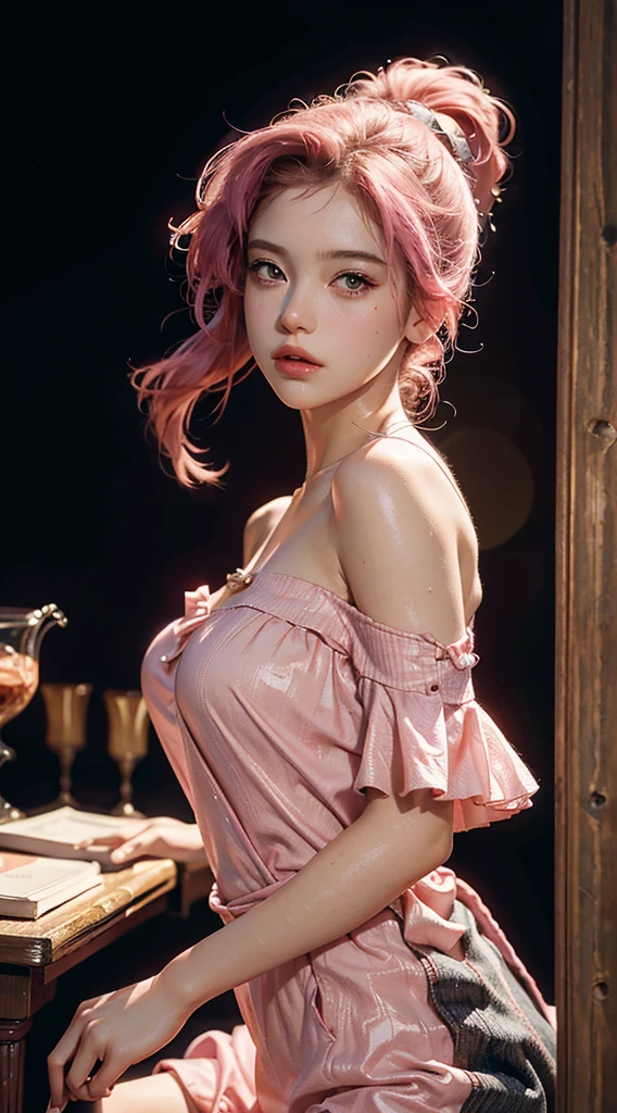 Best Quality, Masterpiece, Ultra High Resolution, (Realisticity: 1.4), Original Photo, 1girl, Pink Off-the-Shoulder, Cinematic Lighting